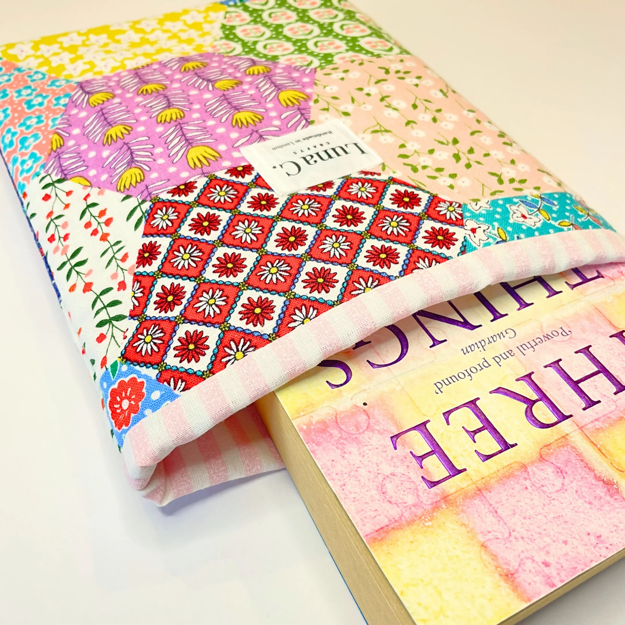 Multicolour Patchwork Pattern Pink Gingham Lining Book Sleeve - Image 3