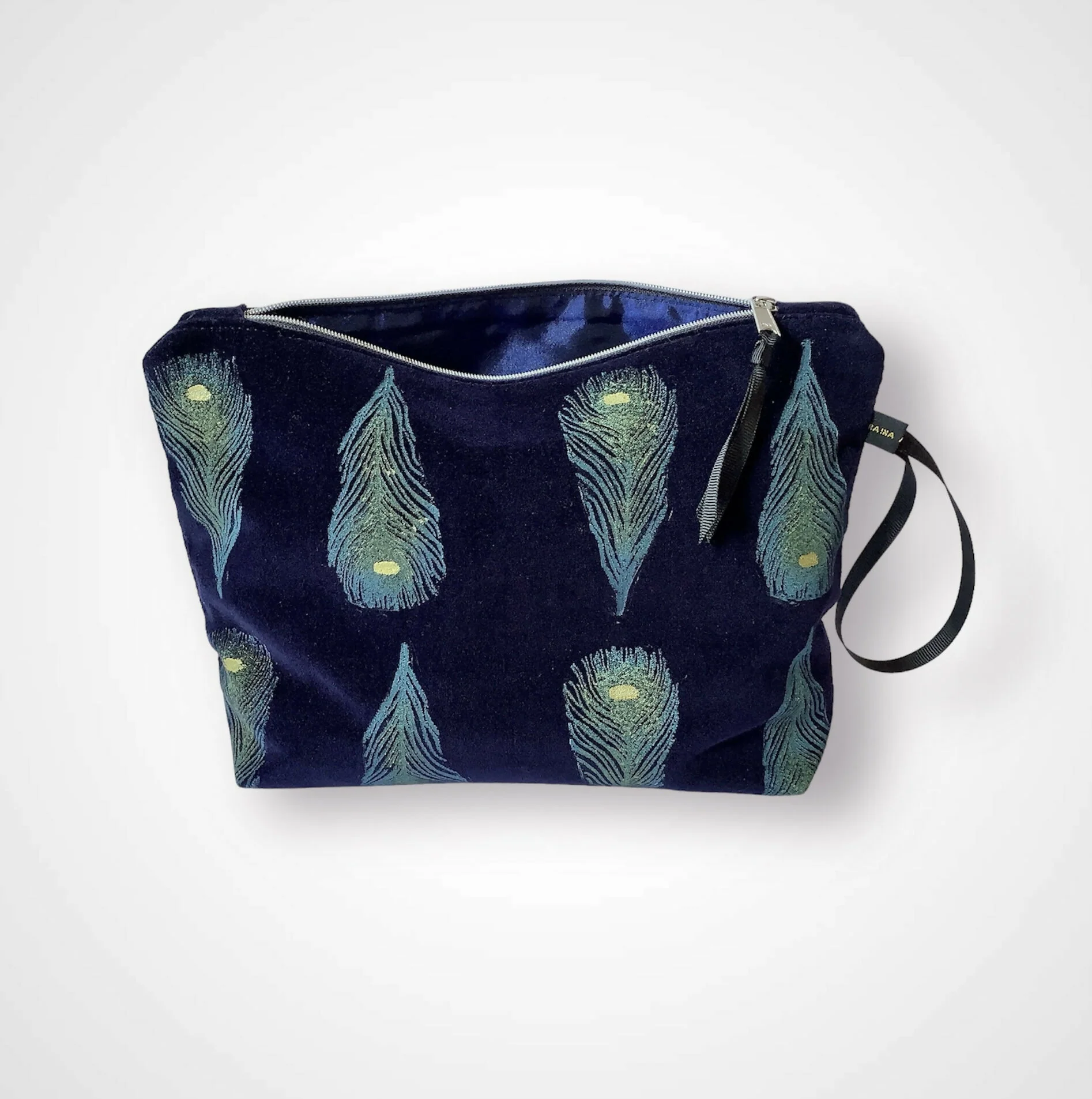 Navy Blue Peacock Feathers Velvet Makeup Bag - Image 4