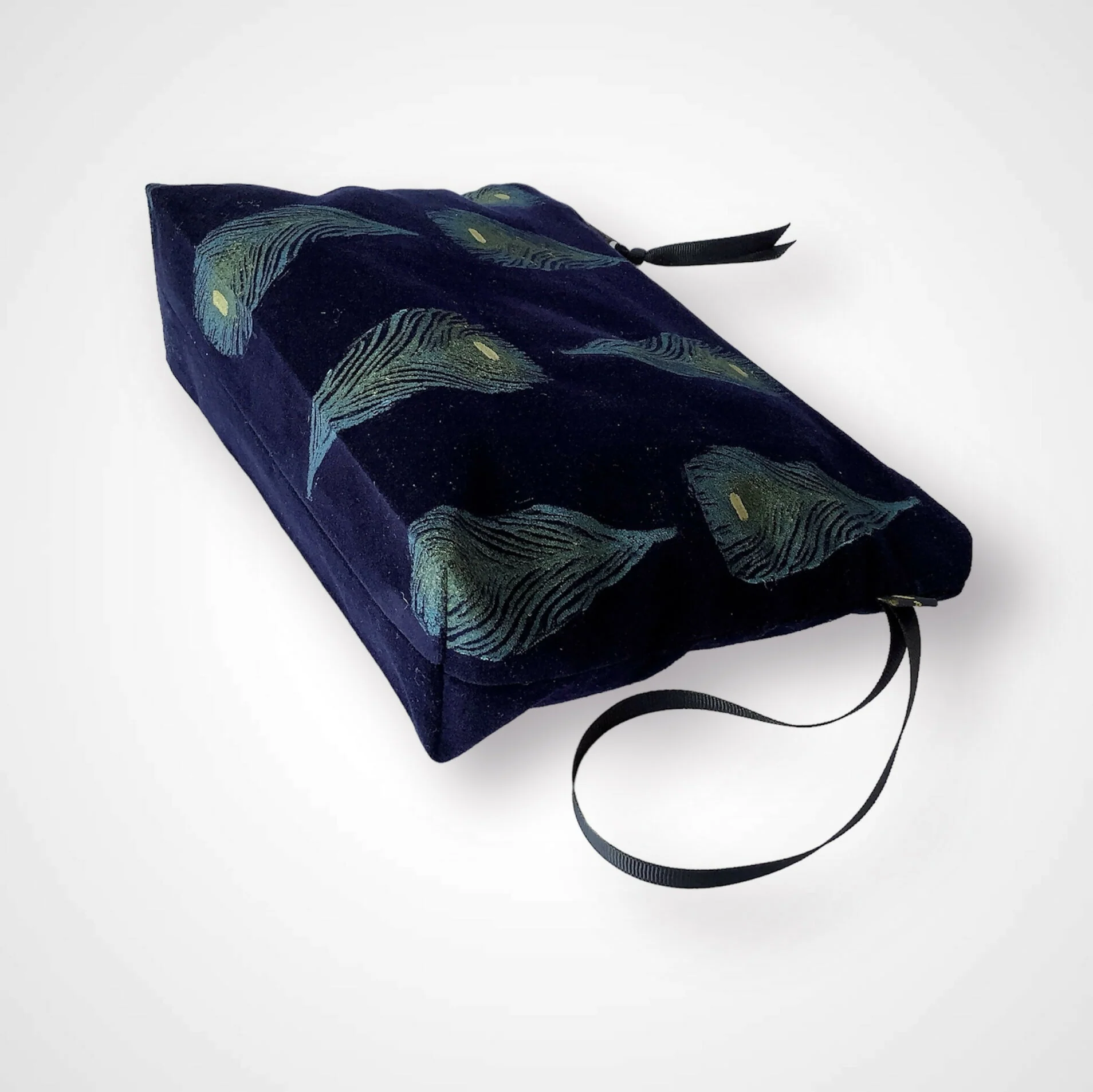 Navy Blue Peacock Feathers Velvet Makeup Bag - Image 5
