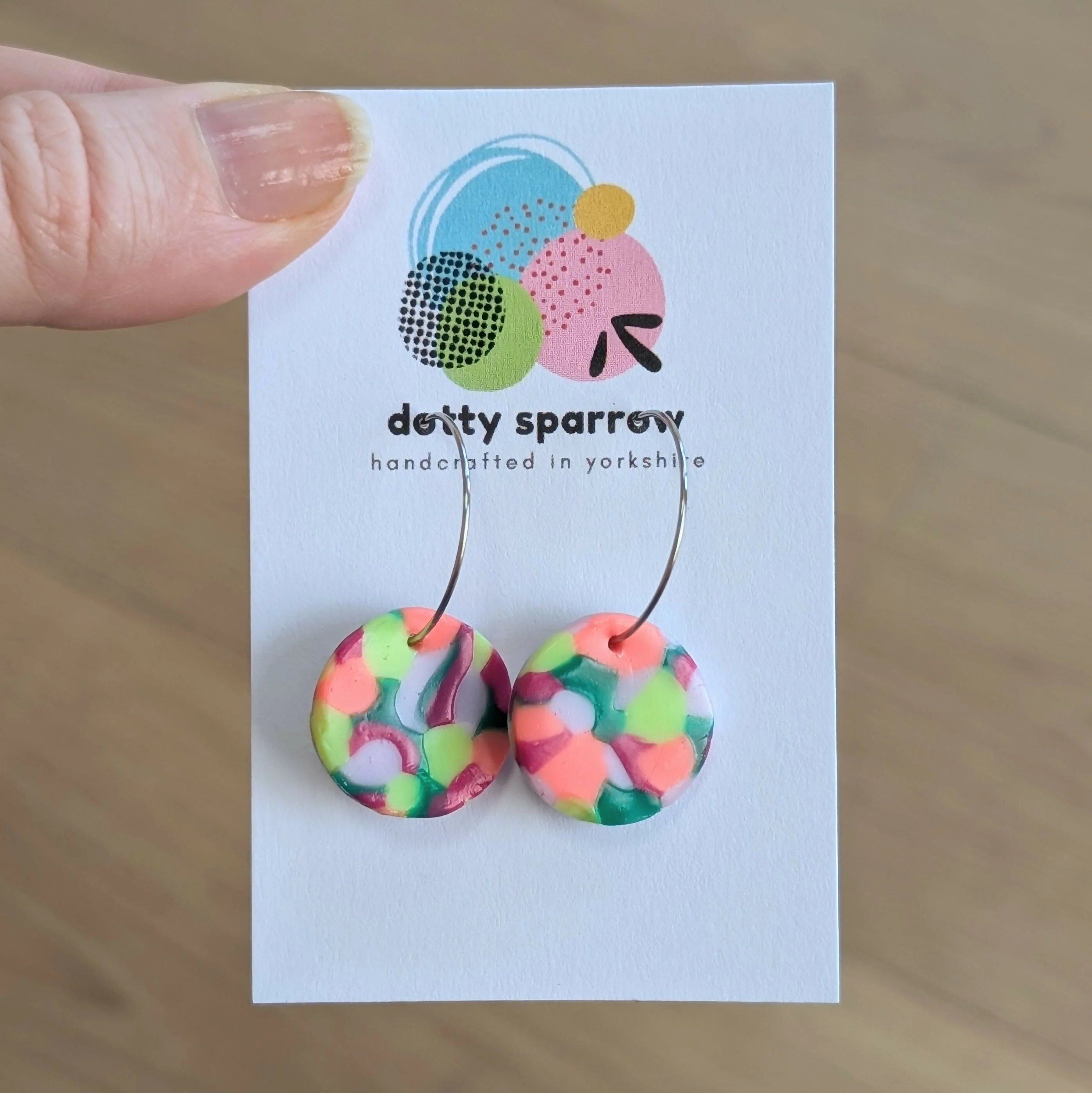 Neon Yellow, Orange, Green, Lilac & Magenta Mosaic Circle Hoop Handmade Polymer Clay Earrings