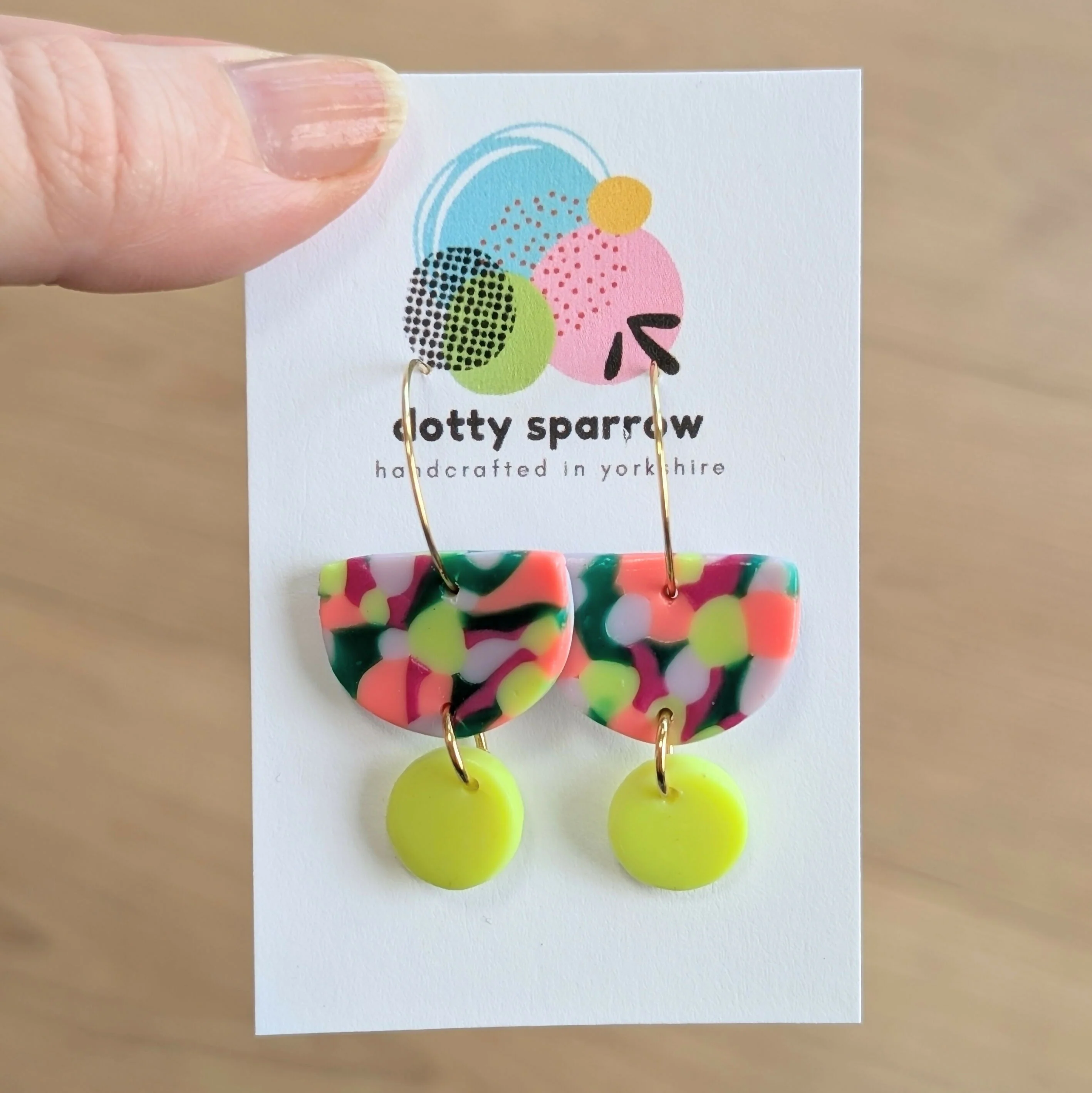Neon Yellow, Orange, Green, Lilac & Magenta Mosaic Hoop Dangle Handmade Polymer Clay Earrings