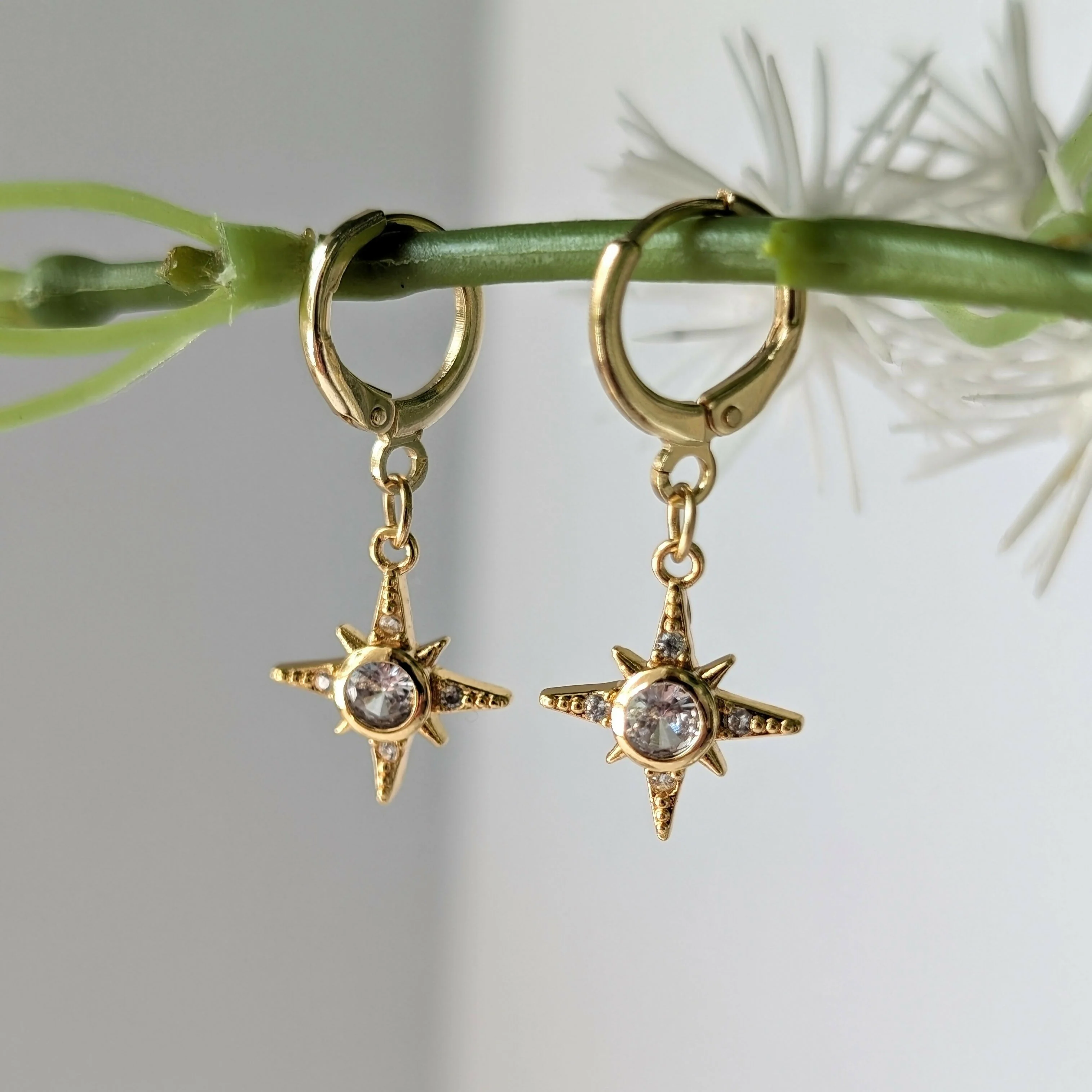 North Star Gold Cubic Zirconia Earrings on Gold Plated Huggie