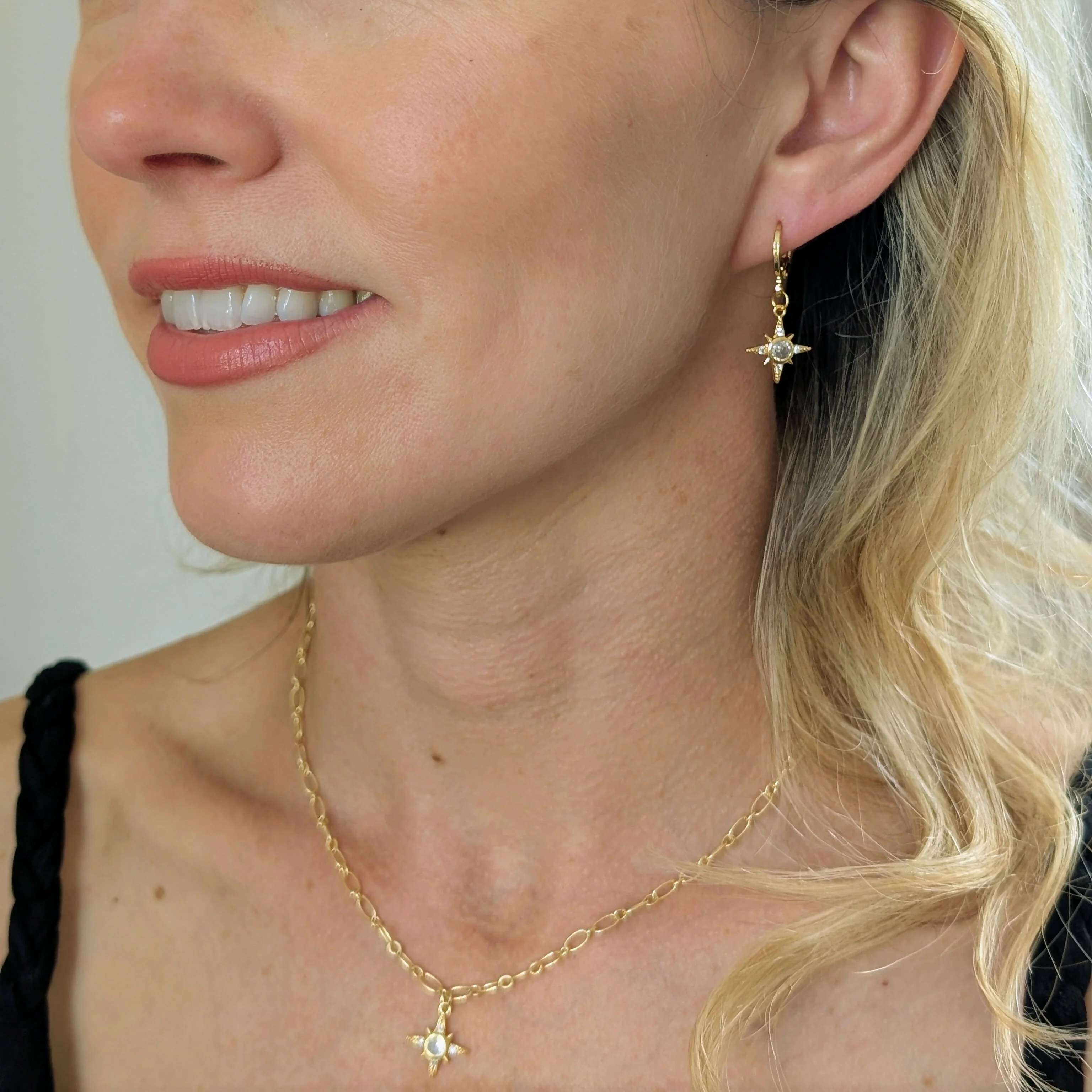 North Star Gold Cubic Zirconia Earrings on Gold Plated Huggie - Image 4