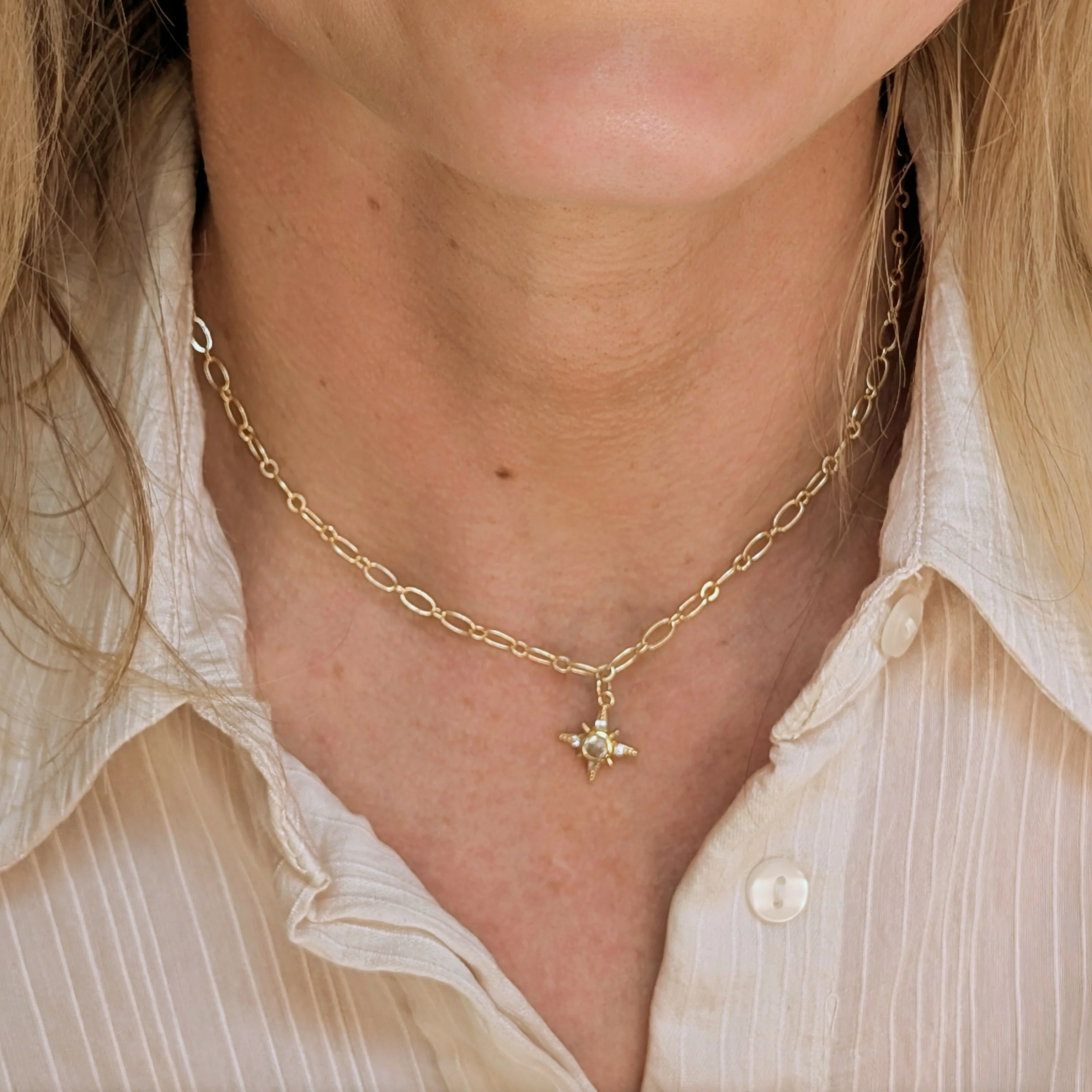 North Star Necklace with Cubic Zirconia Centre on Oval Gold Chain - Image 2