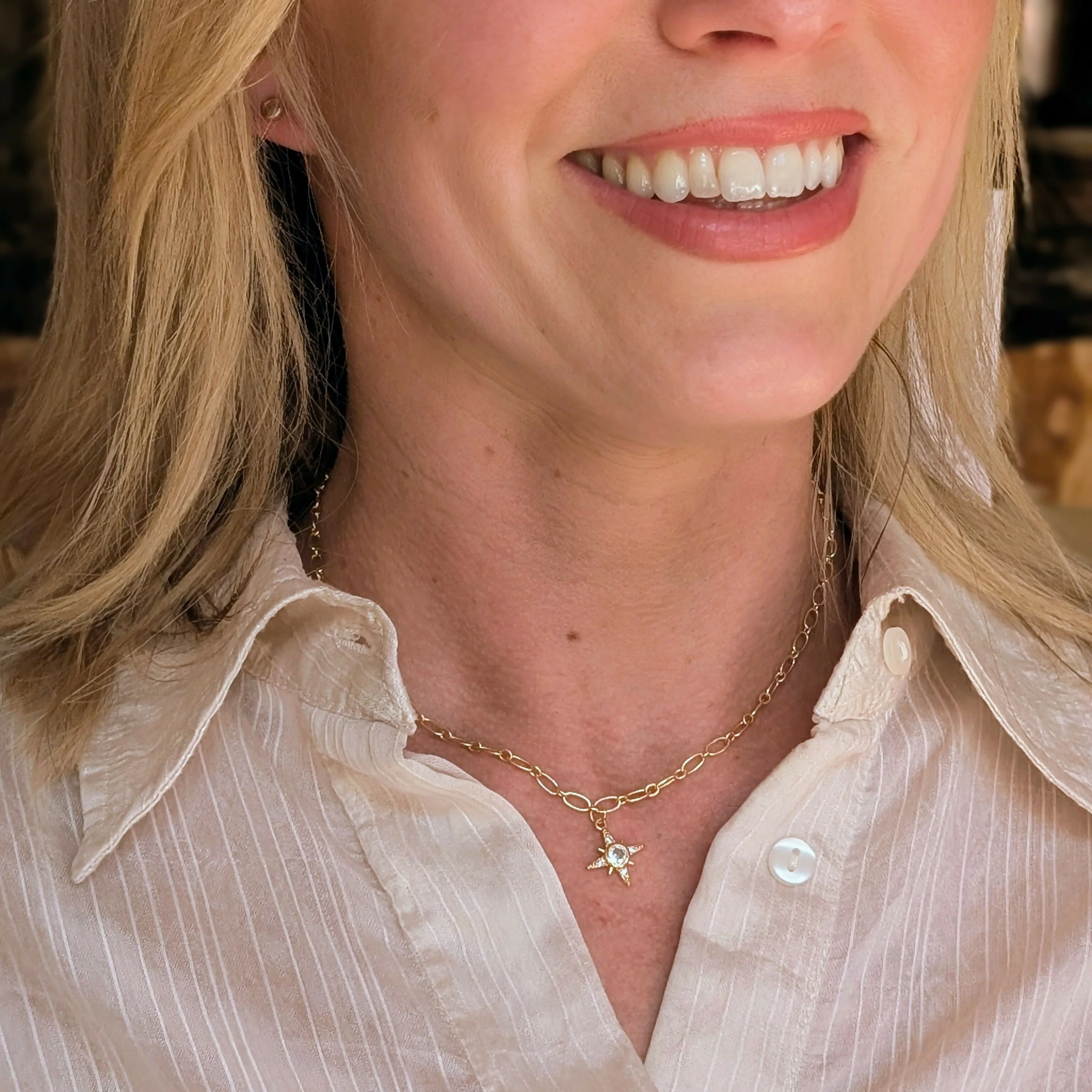 North Star Necklace with Cubic Zirconia Centre on Oval Gold Chain - Image 3