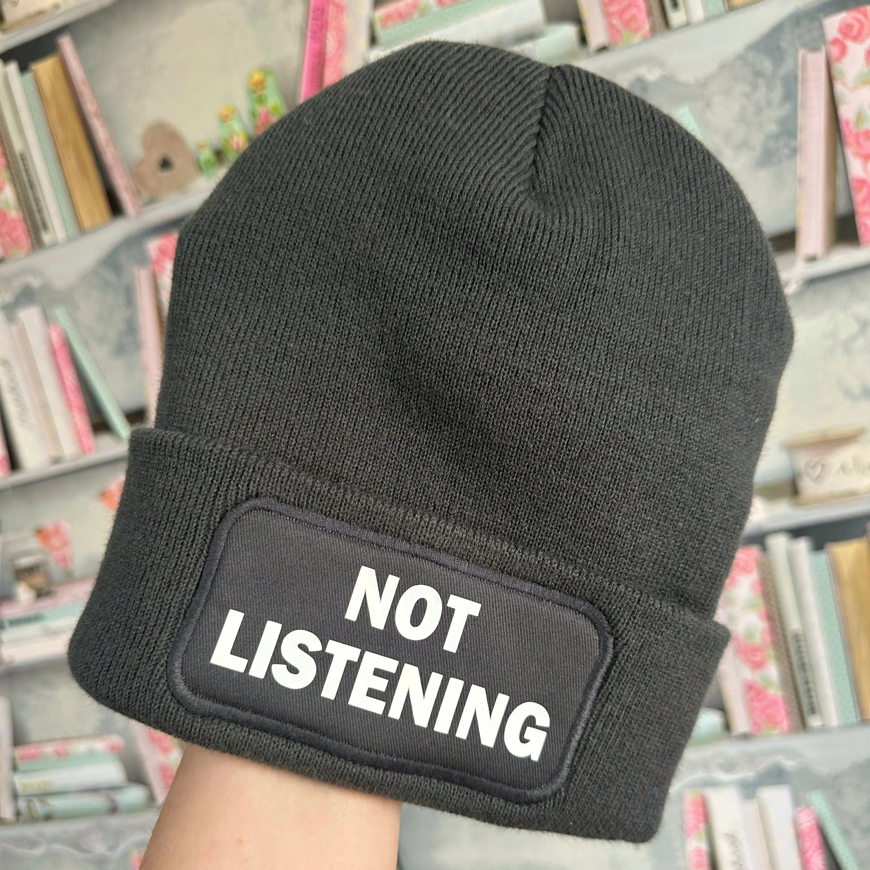 Not Listening Cuffed Rectangular Patch Beanie Hat - Image 2