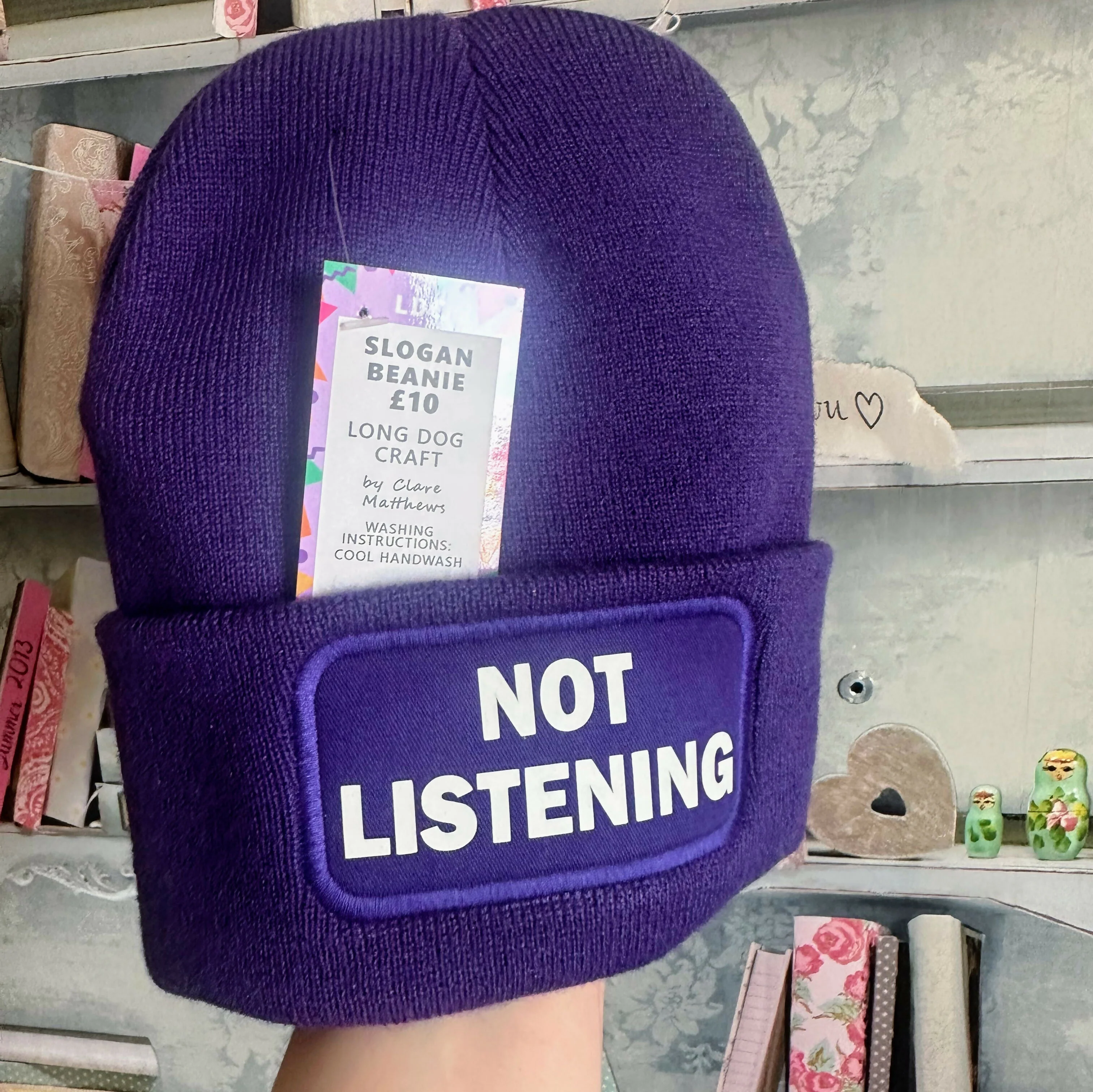 Not Listening Cuffed Rectangular Patch Beanie Hat - Image 3