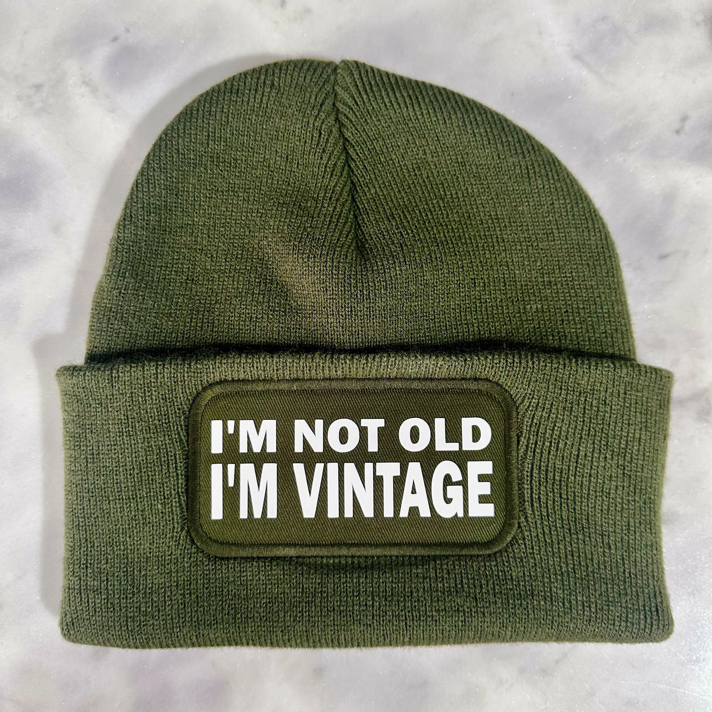 Not Old Vintage Cuffed Rectangular Patch Beanie Hat - Image 2