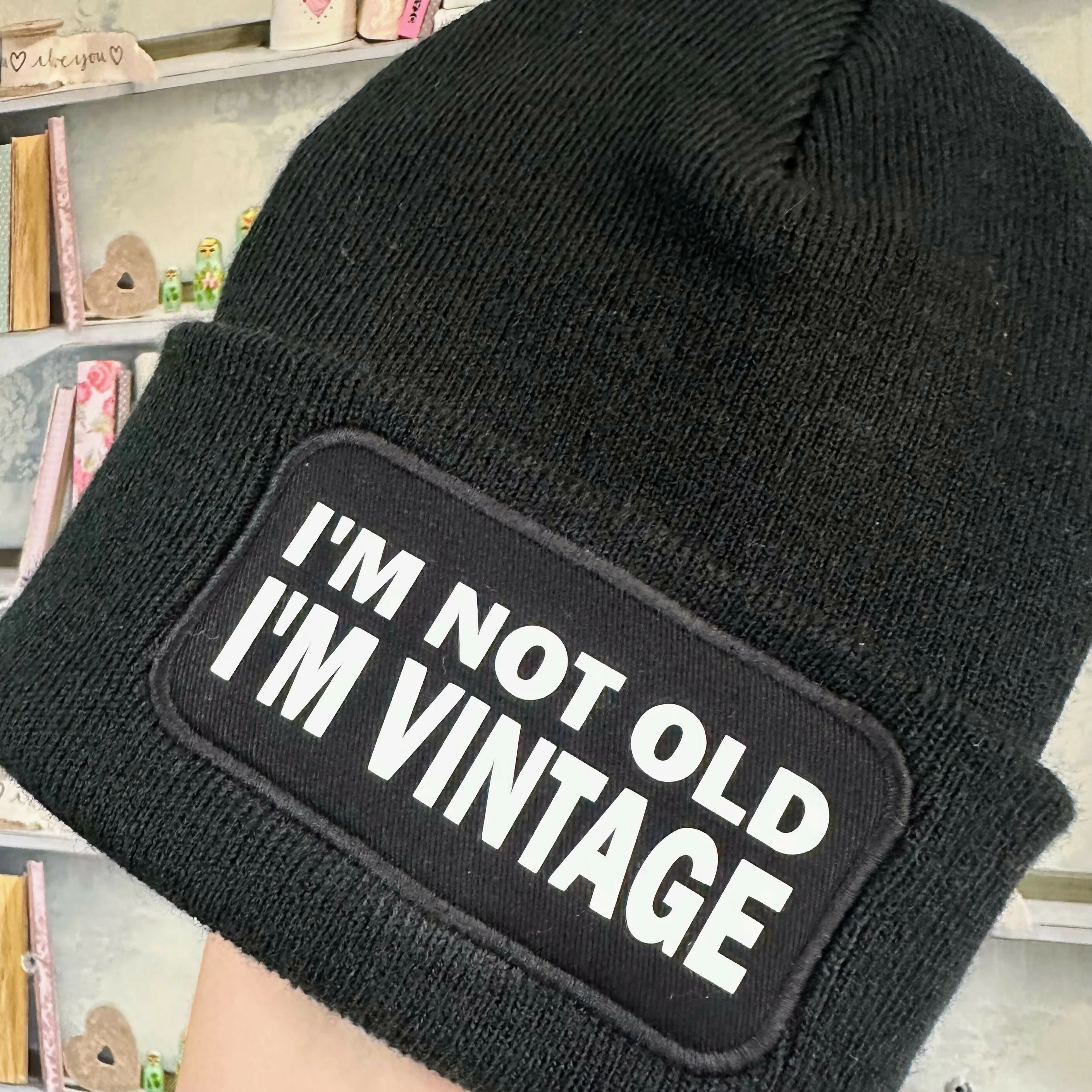 Not Old Vintage Cuffed Rectangular Patch Beanie Hat - Image 3