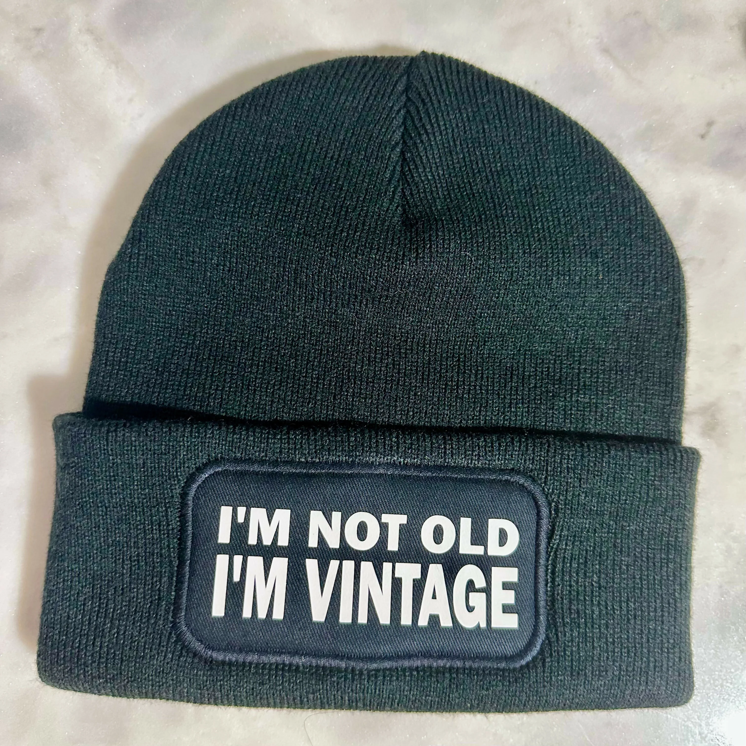 Not Old Vintage Cuffed Rectangular Patch Beanie Hat - Image 4