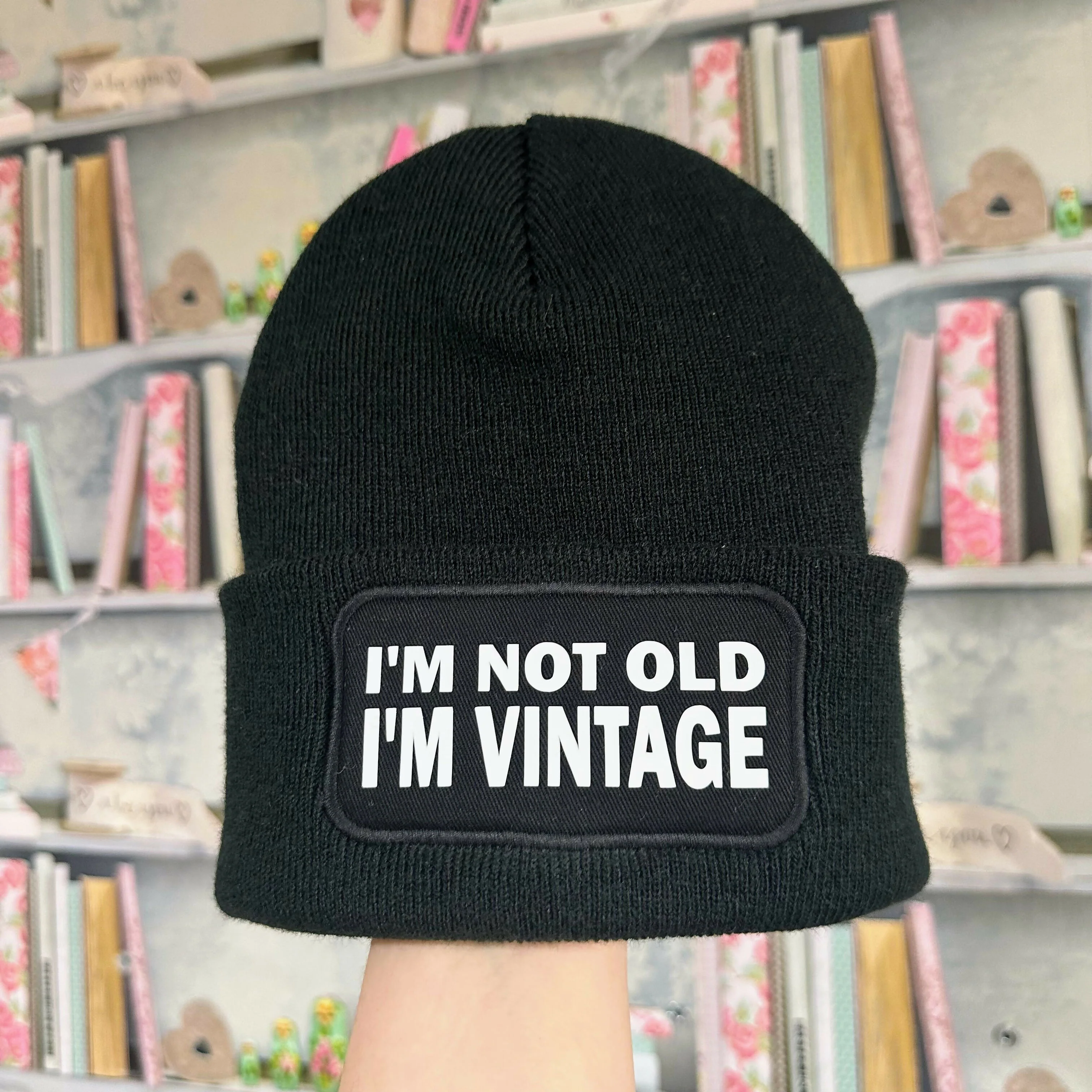 Not Old Vintage Cuffed Rectangular Patch Beanie Hat - Image 5