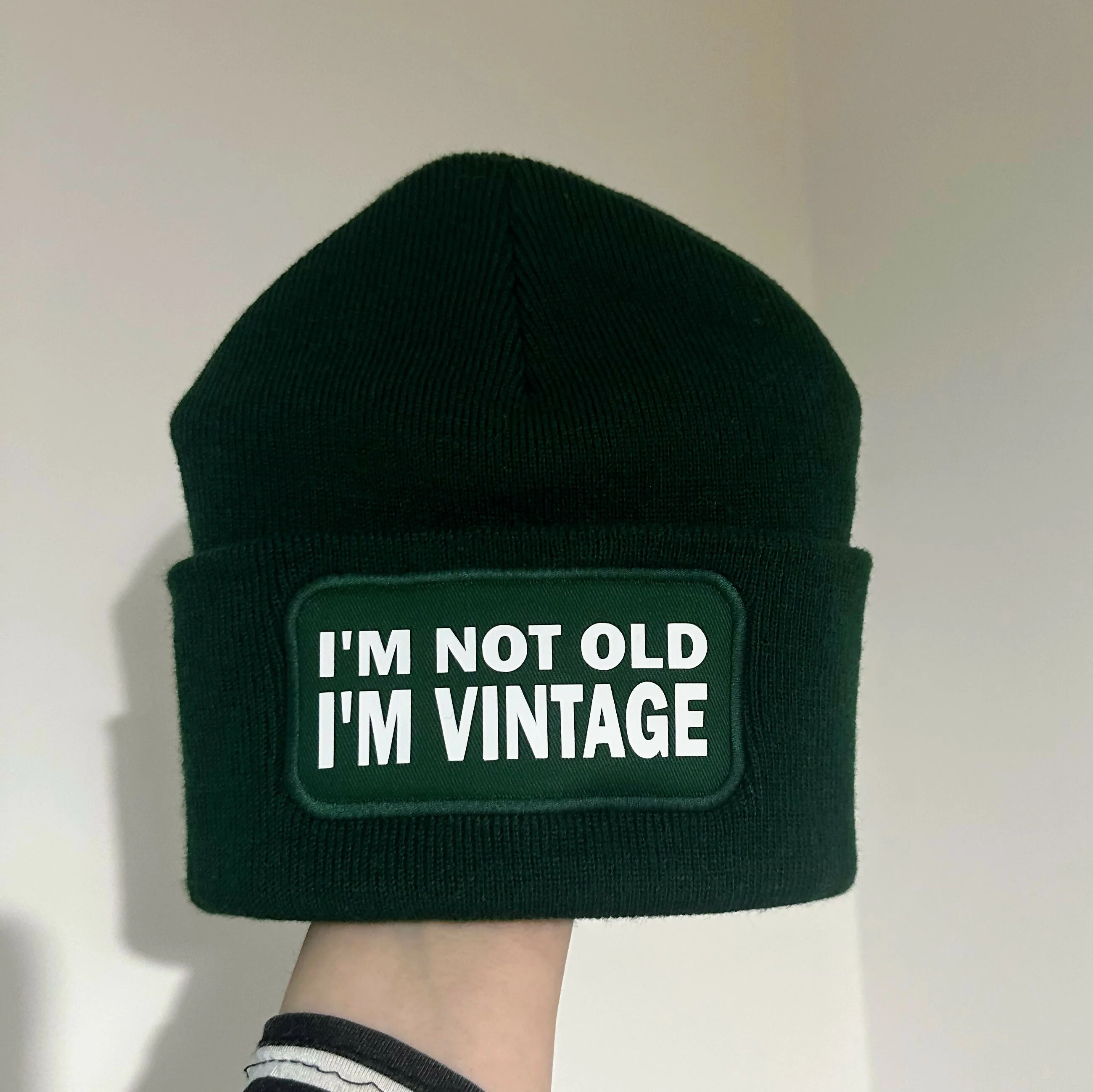 Not Old Vintage Cuffed Rectangular Patch Beanie Hat - Image 6