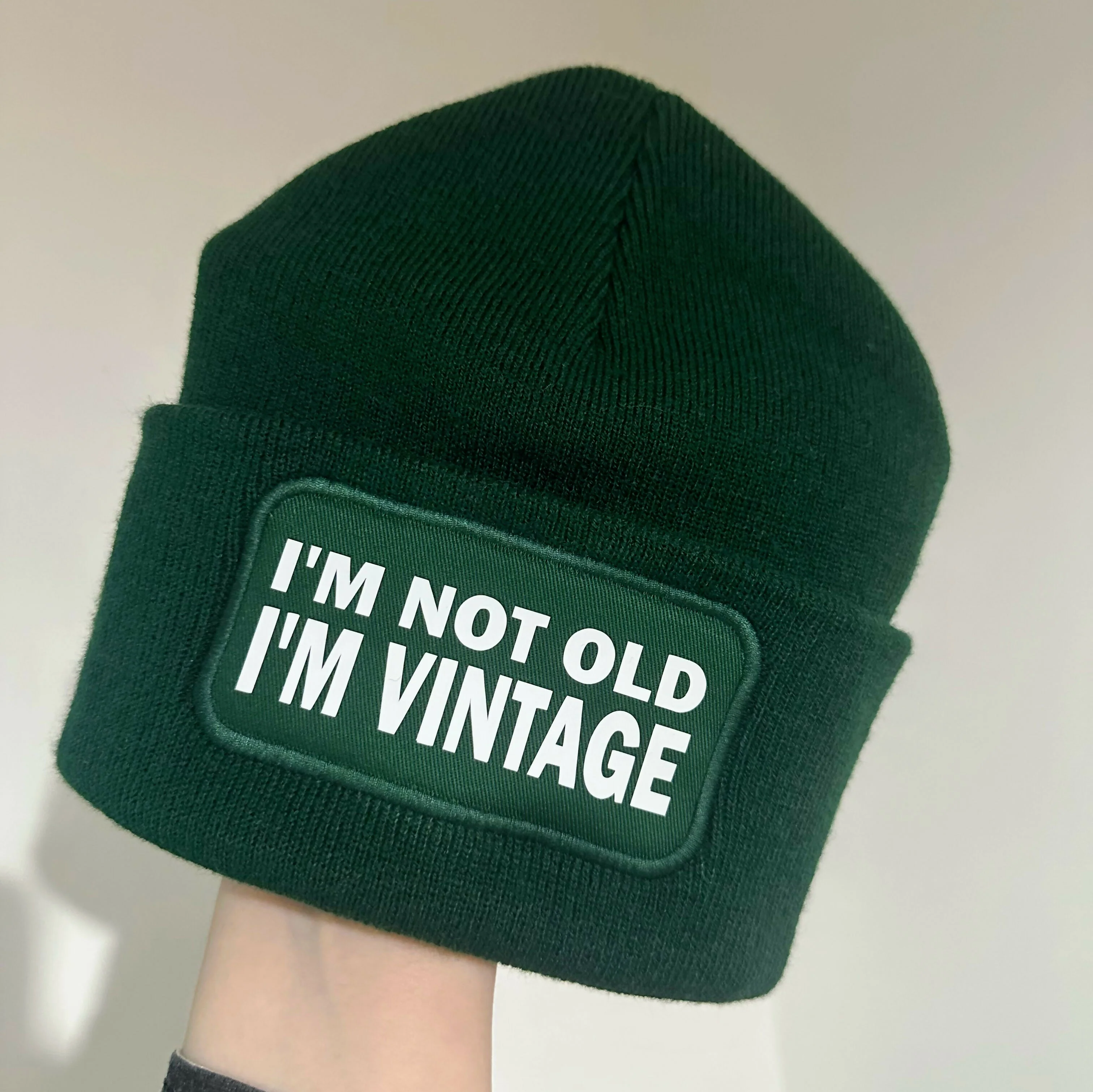 Not Old Vintage Cuffed Rectangular Patch Beanie Hat - Image 7