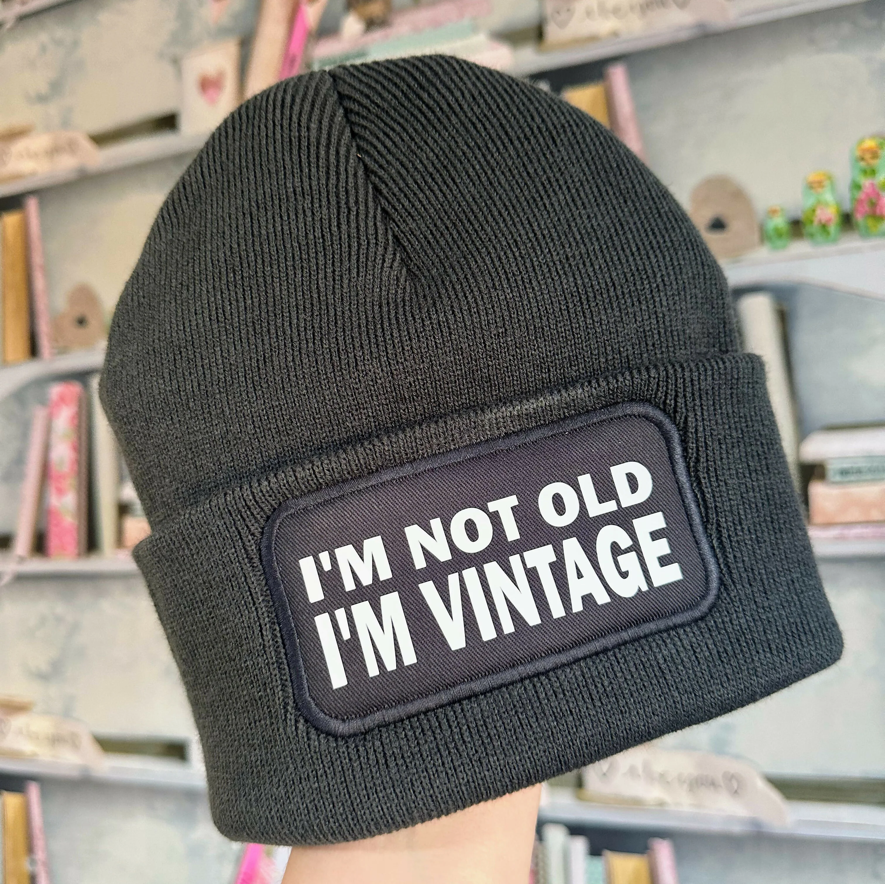 Not Old Vintage Cuffed Rectangular Patch Beanie Hat - Image 8