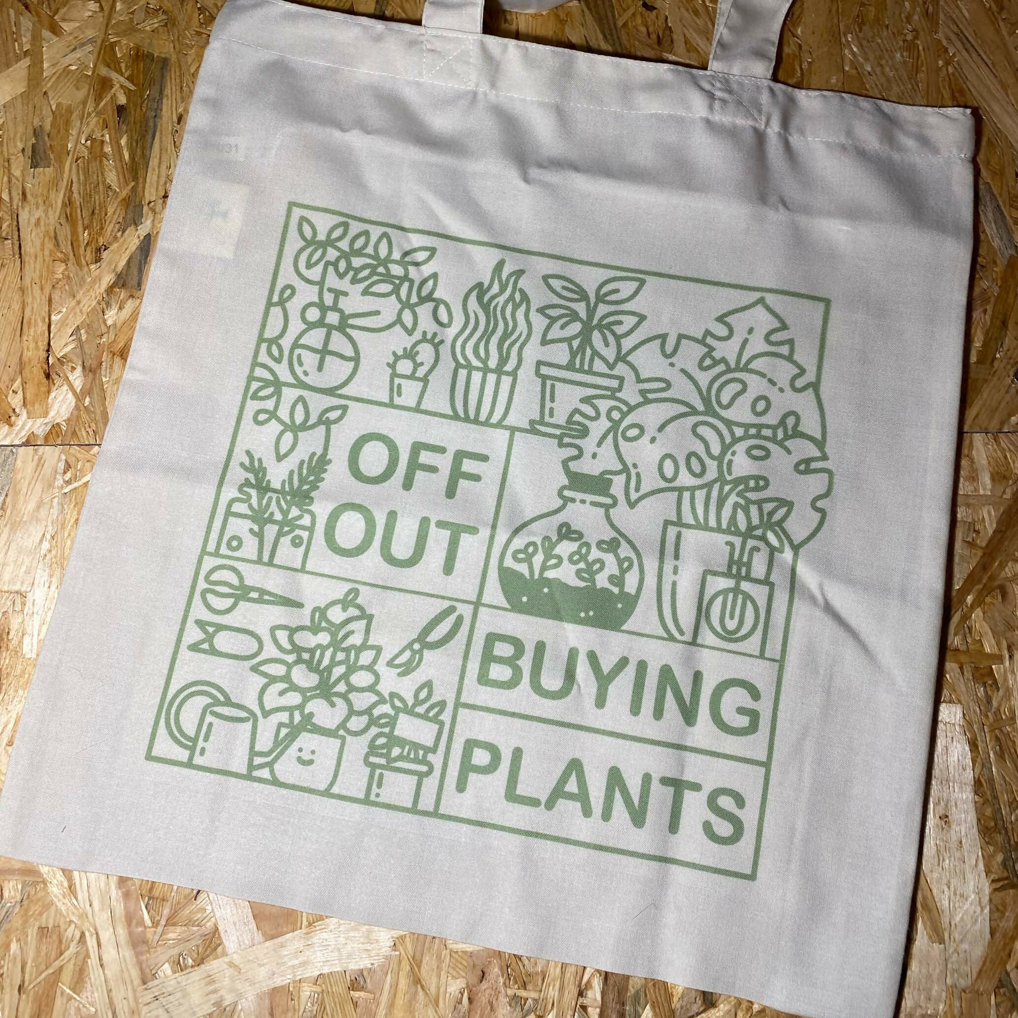 "Off out, Buying Plants" Handprinted, Illustrated, Natural slogan tote bag - Image 2
