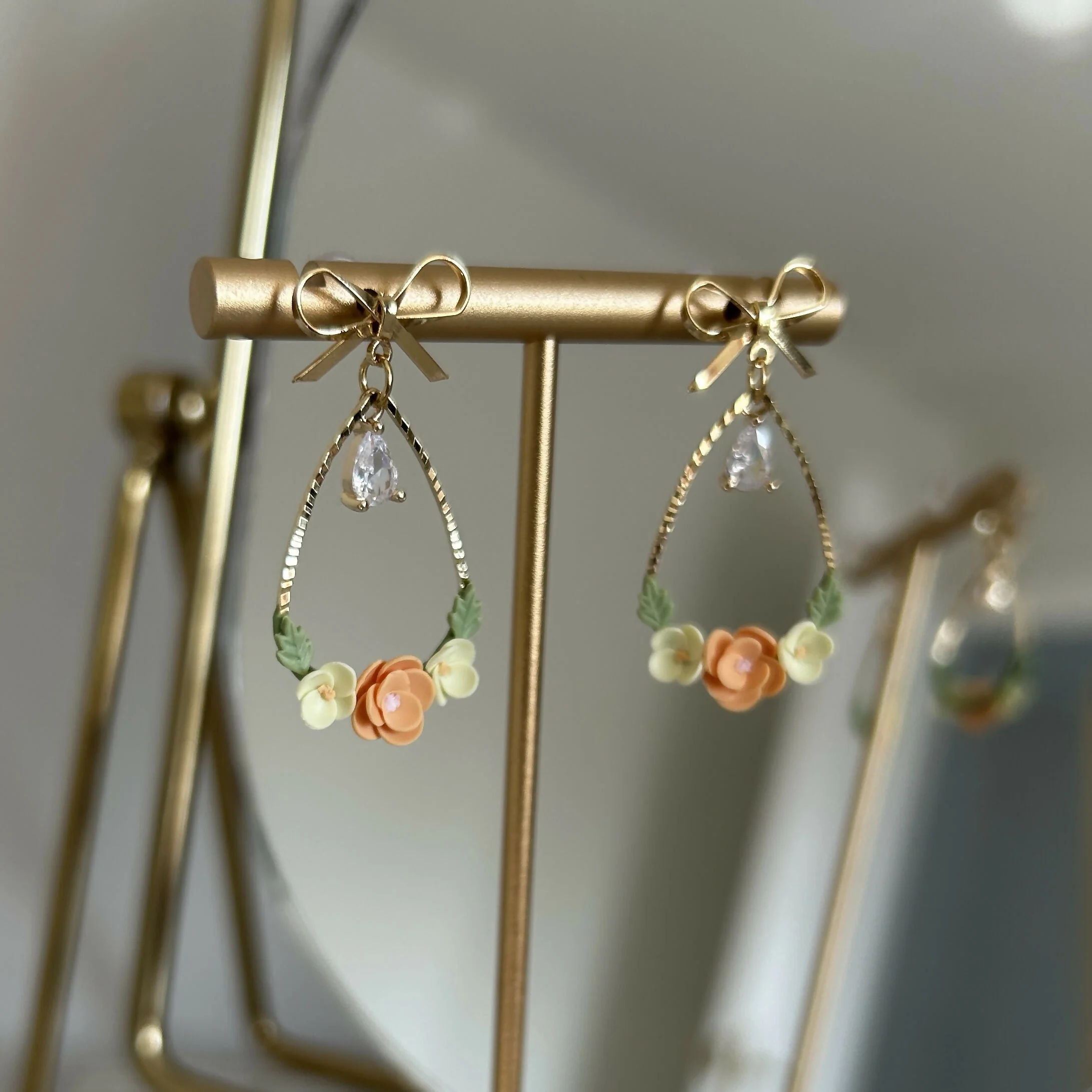Orange and yellow floral earrings Teardrop - Image 3