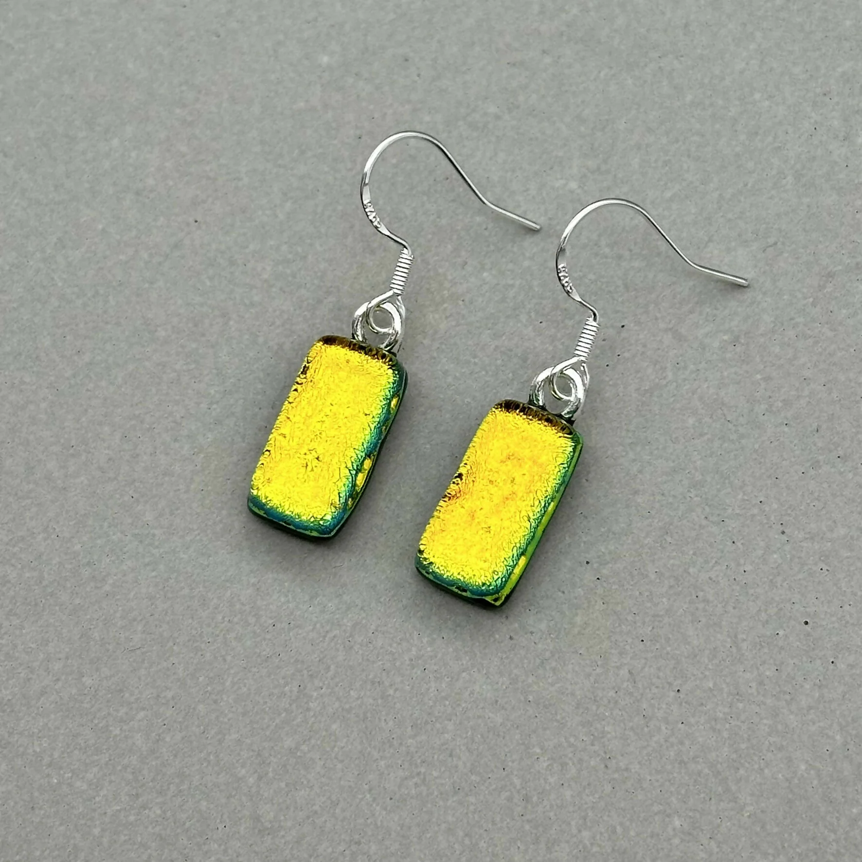 Orange Dichroic Fused Glass Dangle Sterling Silver Earrings - Handmade by Jade Tapson Glass.
