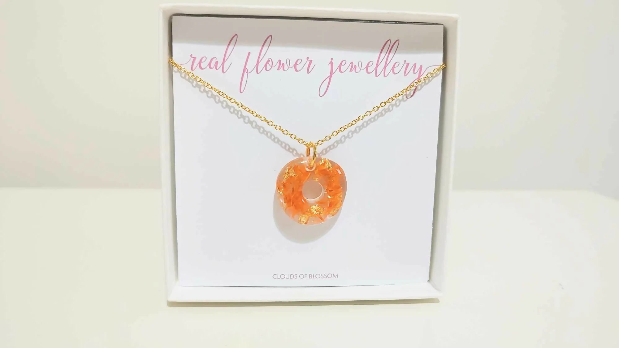 Orange Flower and Gold Leaf Donut 3D Gold Plated Necklace