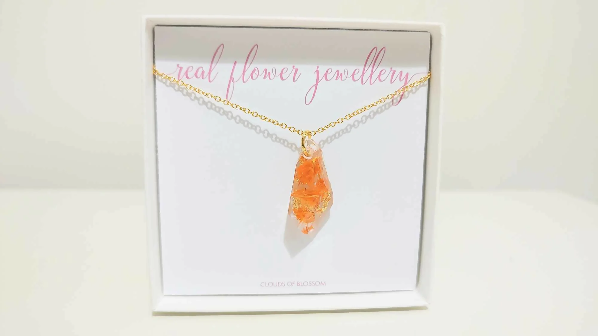 Orange Flower and Gold Leaf Geometric Crystal 3D Gold Plated Necklace