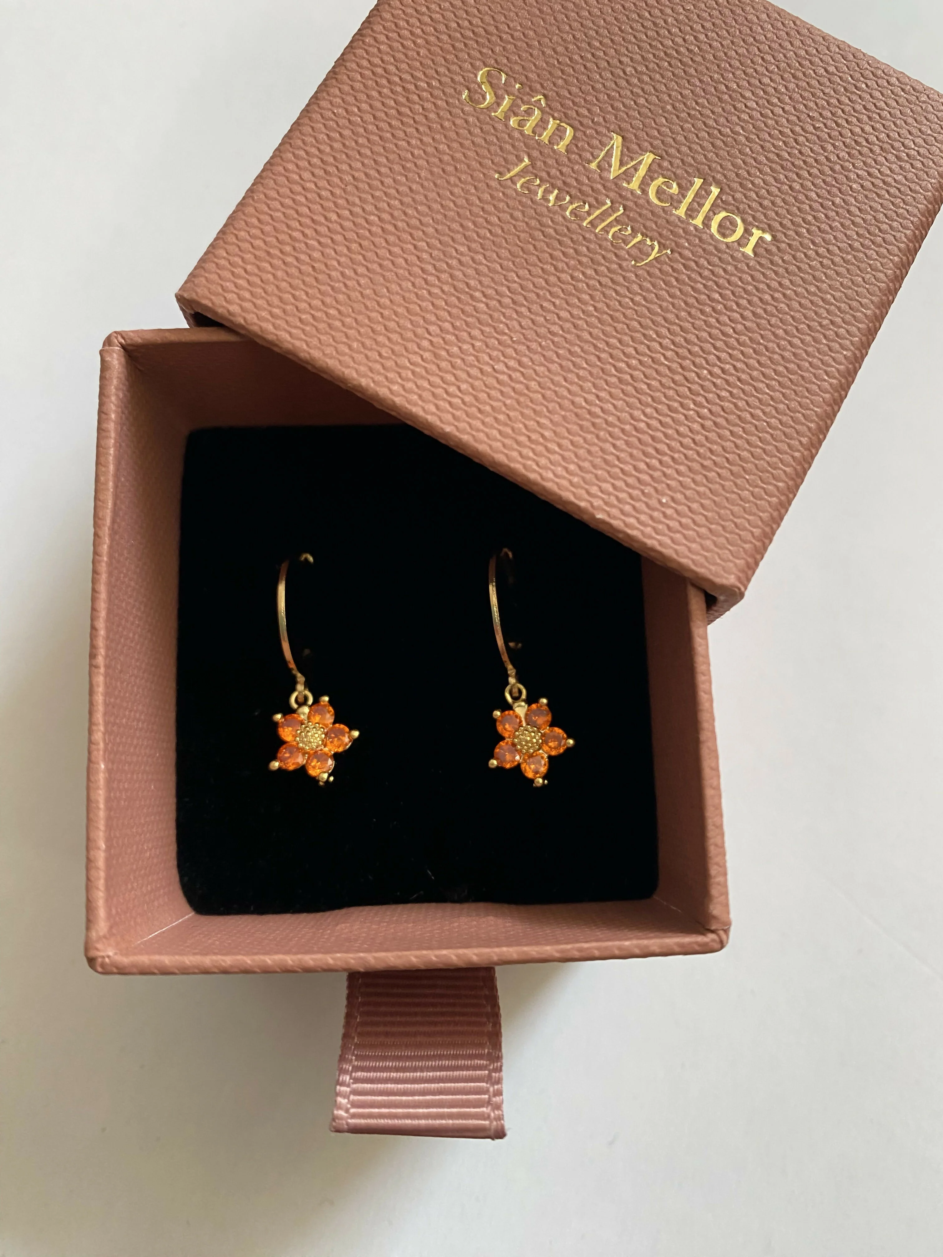 Orange Flower Huggie Hoops