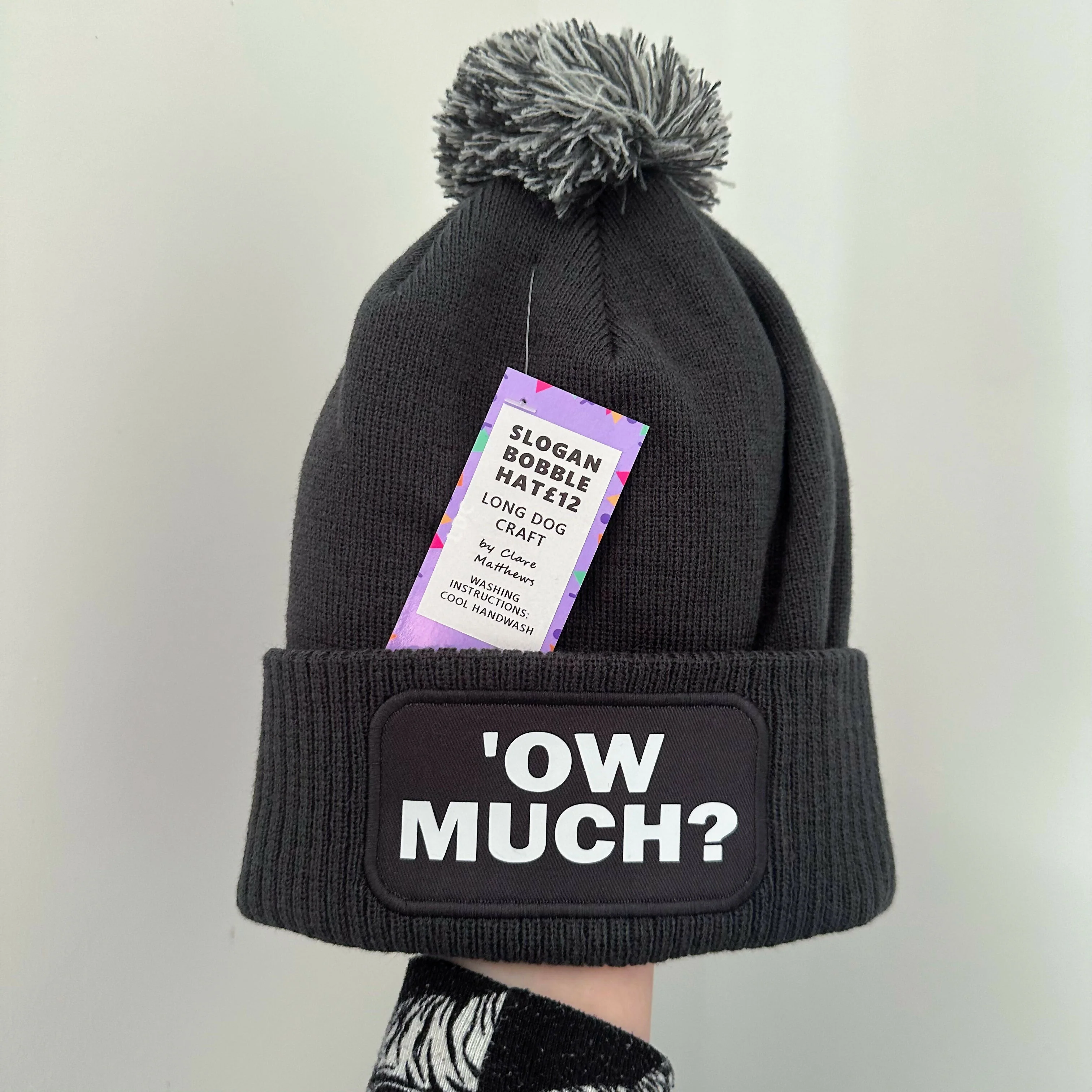 Ow Much Cuffed Rectangular Patch Bobble Hat - Image 2