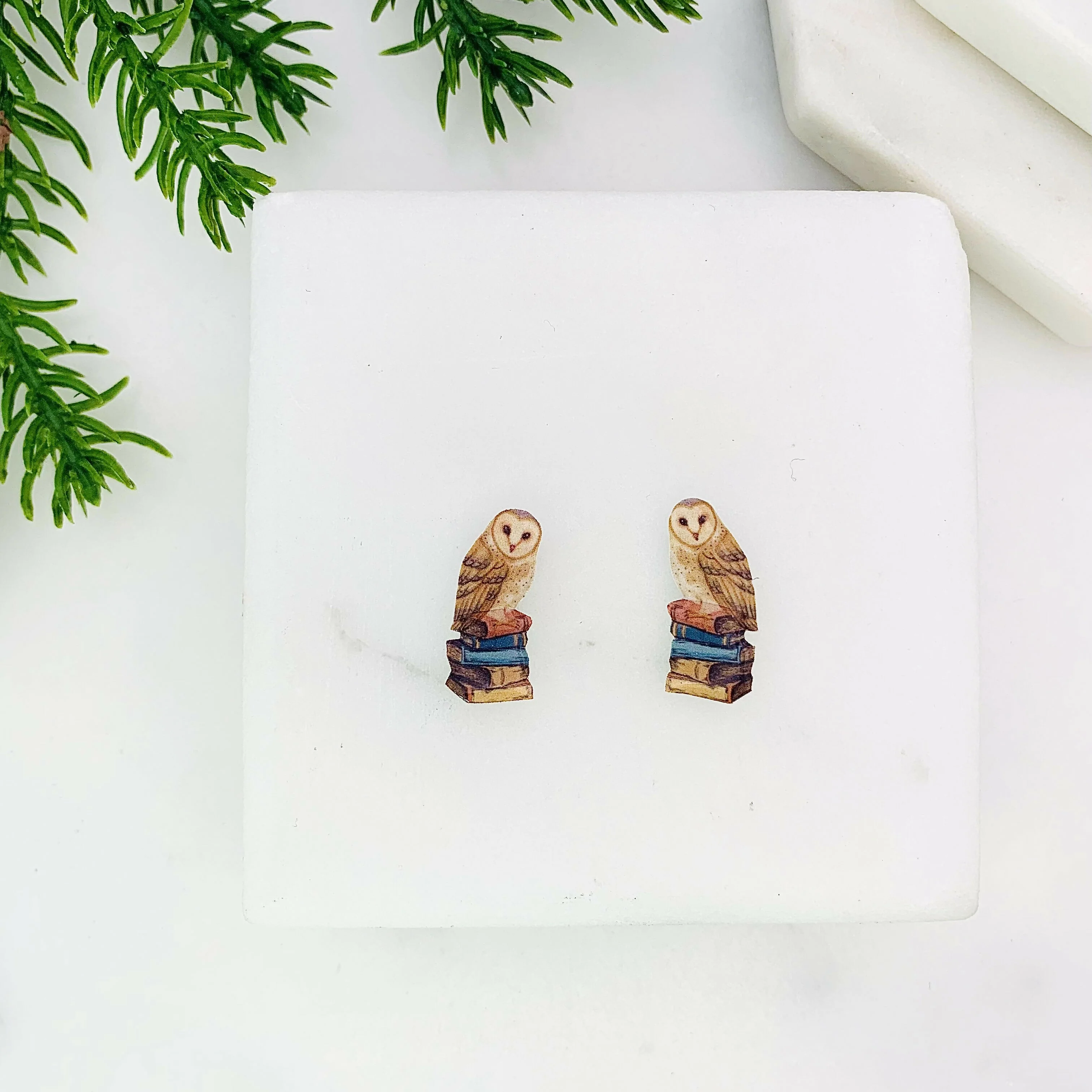 Owl on Books Stud Earrings - Image 2