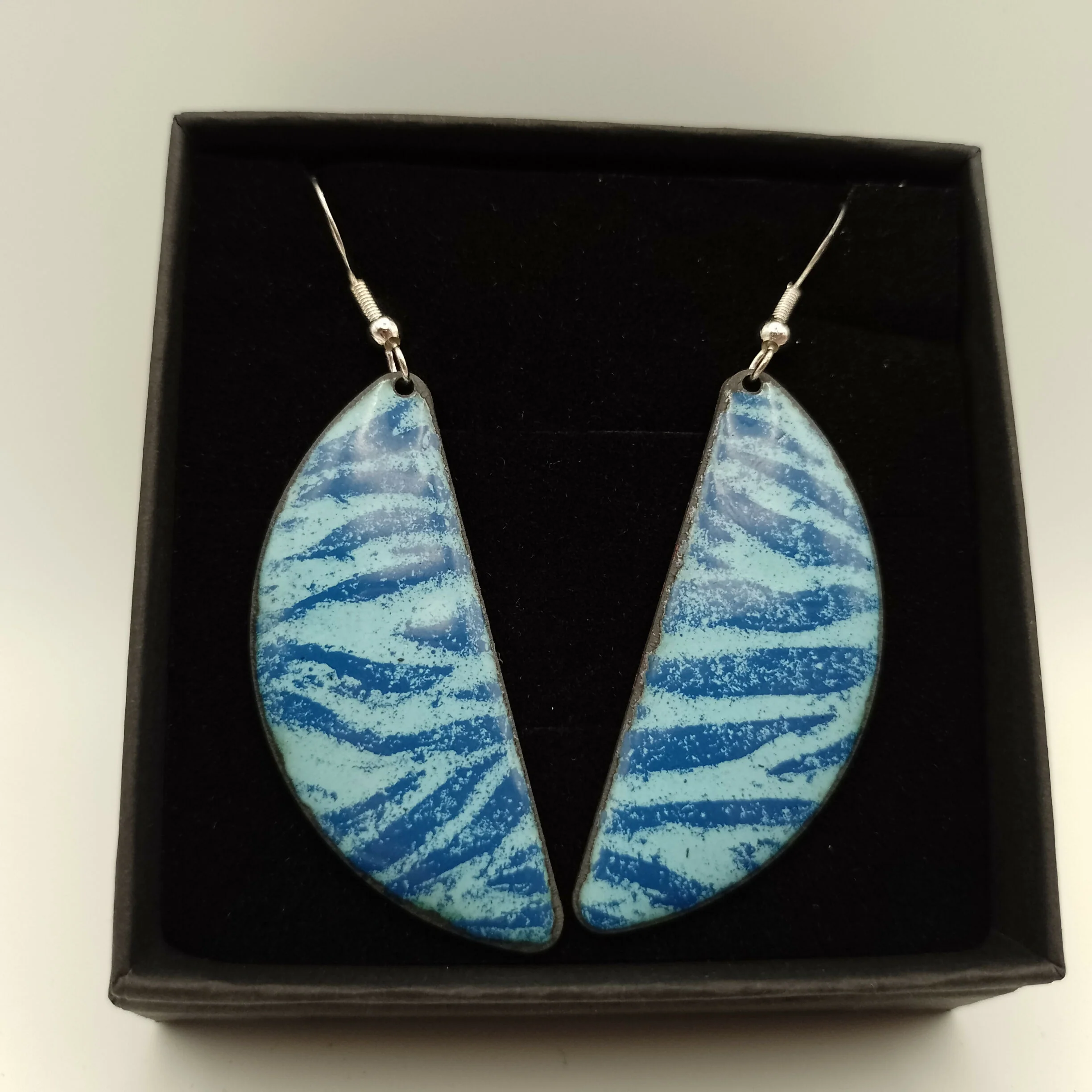 Pale and Dark Blue Striped Enamel Semi Circle Earrings