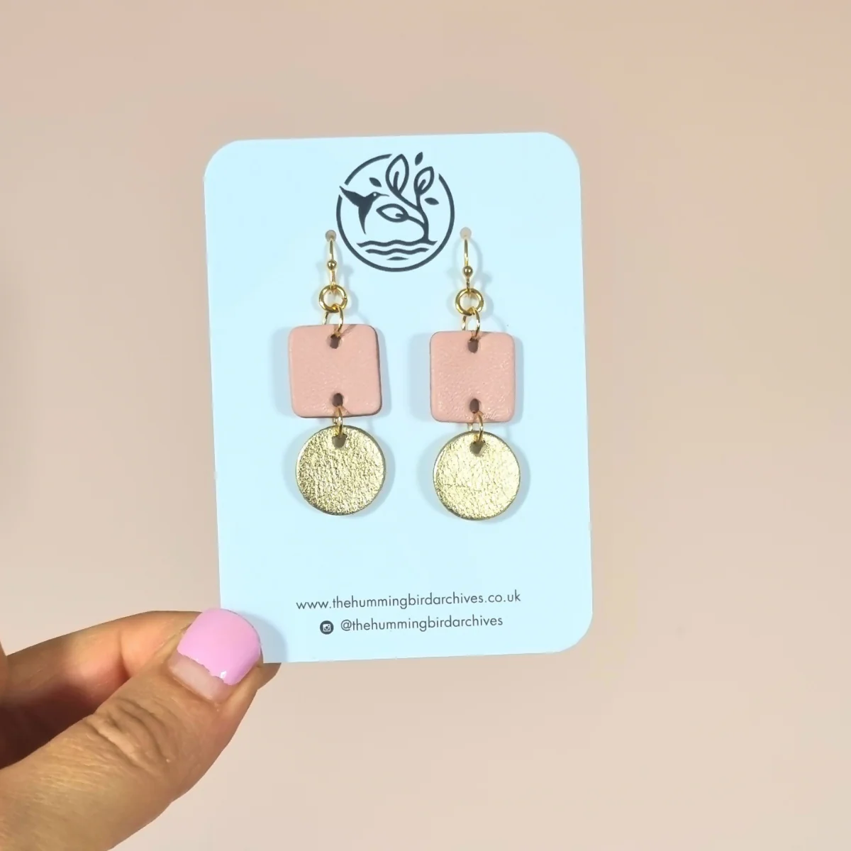 Pale Pink Square and Gold Circle Earrings - Image 2