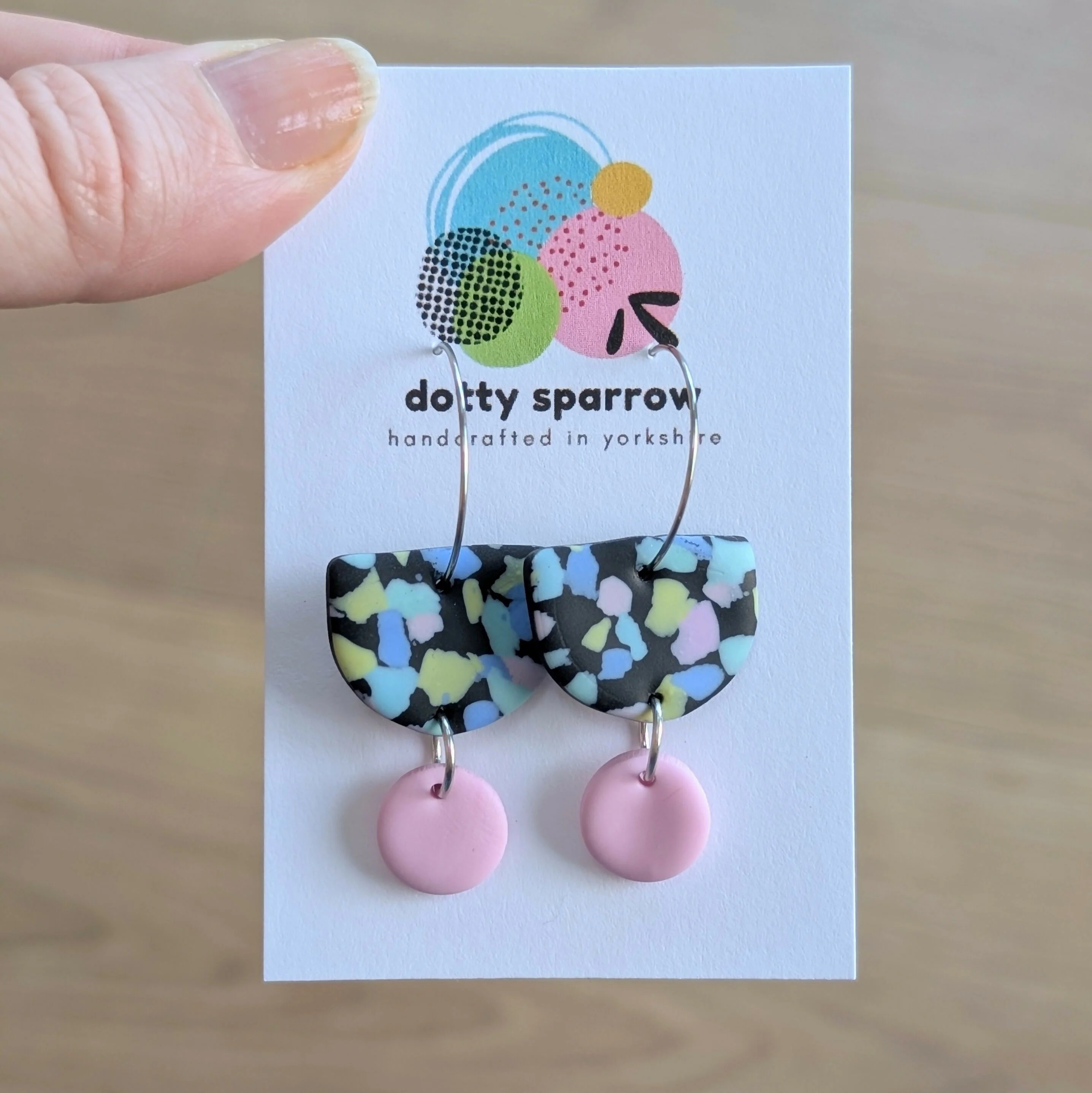 Pastel Terrazzo Hoop Dangle Handmade Polymer Clay Earrings - Image 2