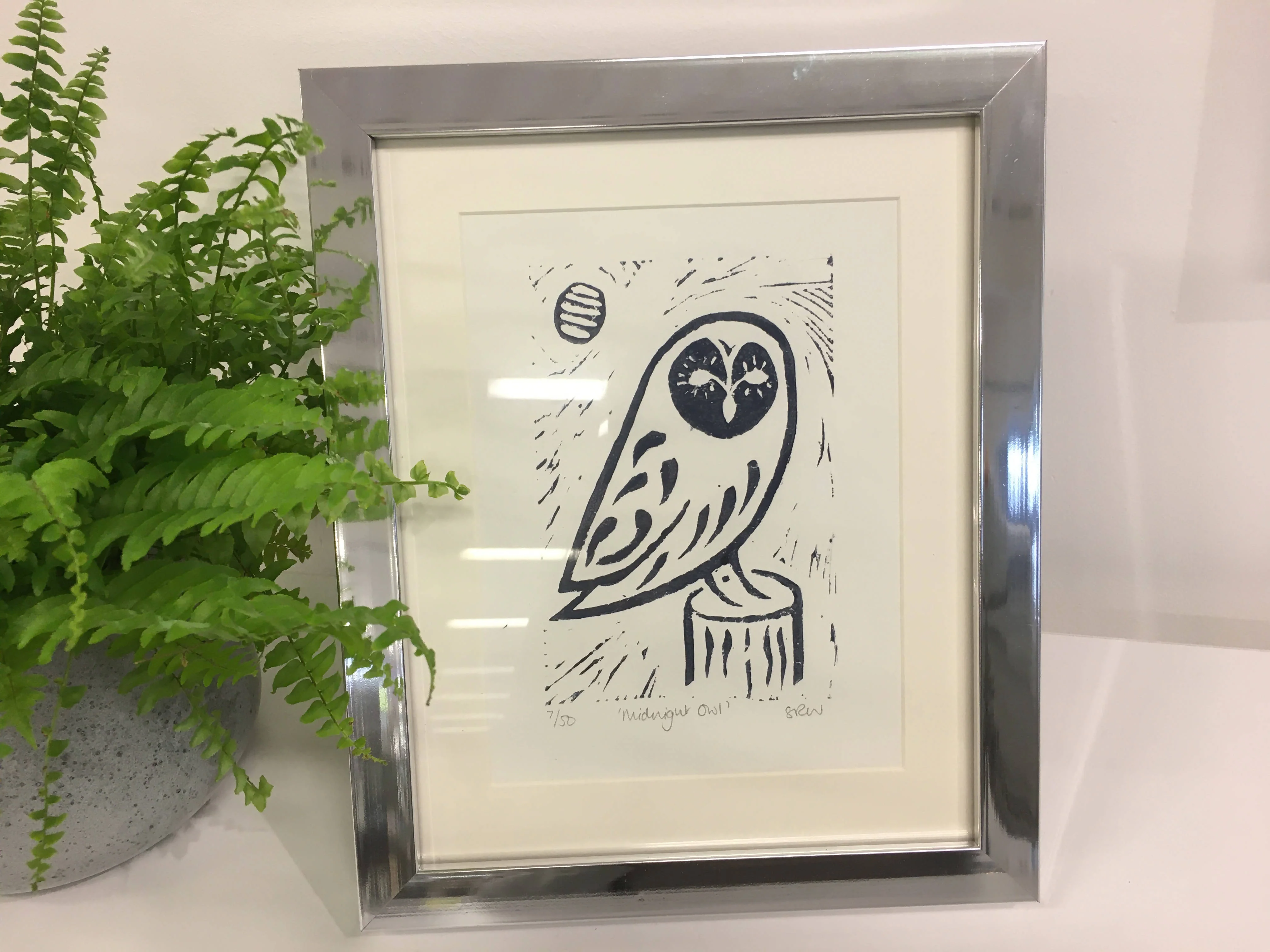 Perching Owl Framed Lino Cut Print - Image 4