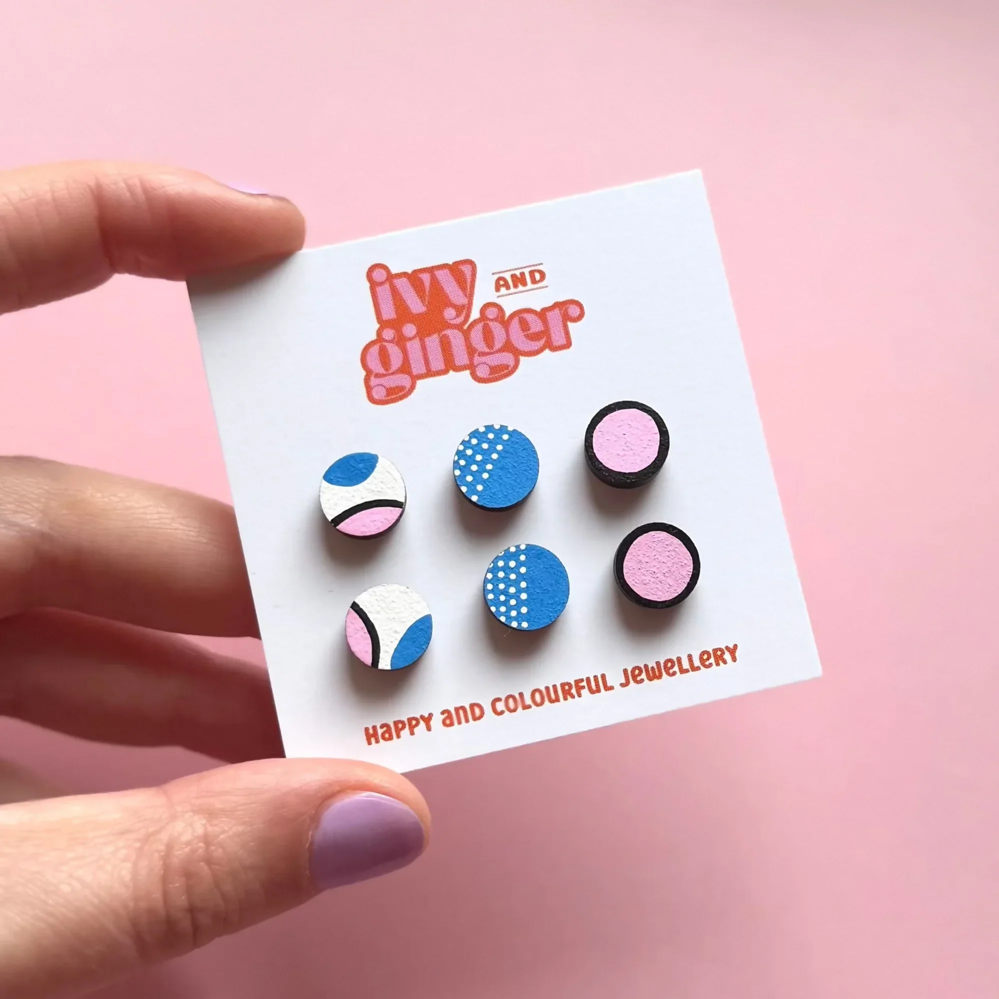Hand Painted Pink and Blue Mini Wooden Stud Earrings Set