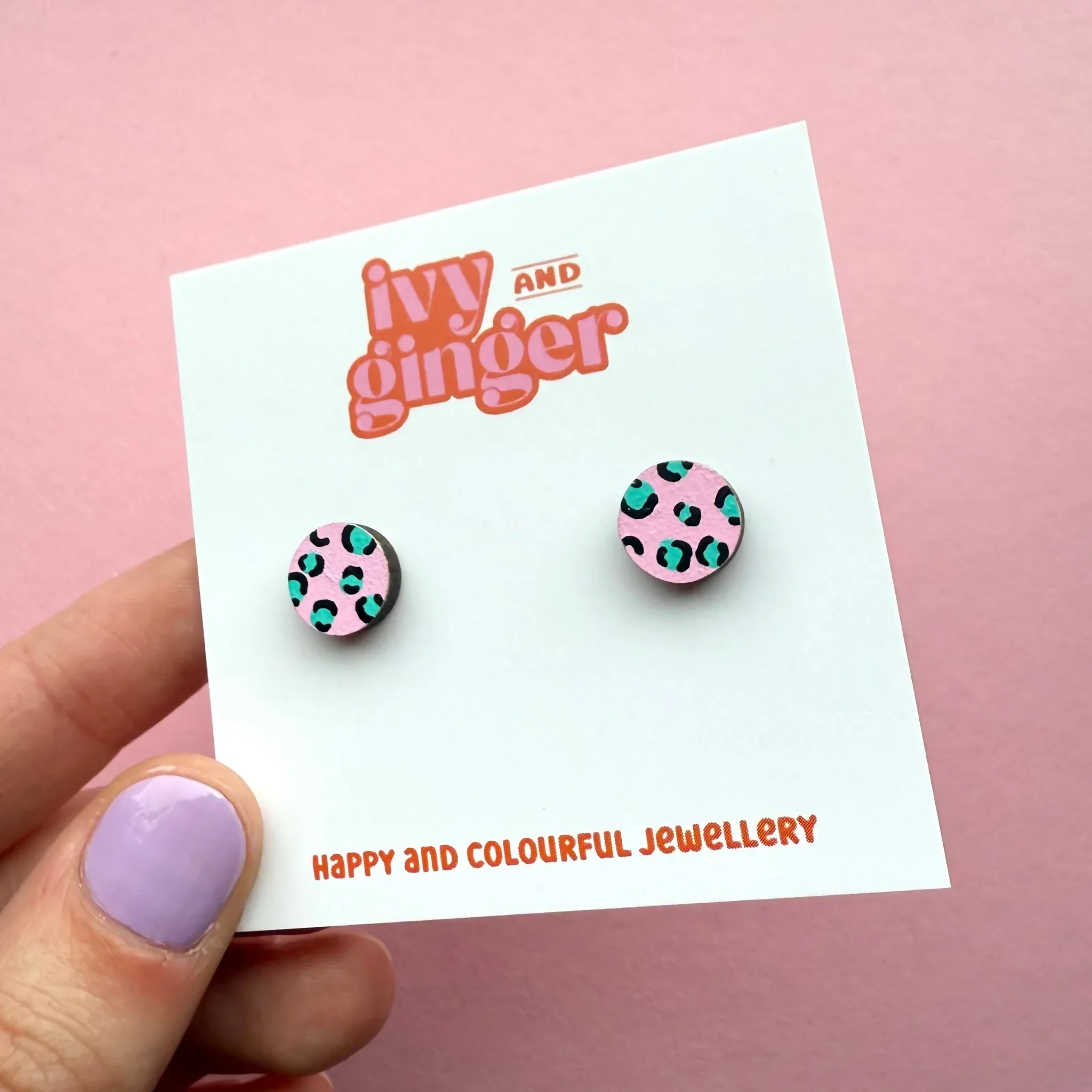 Pink And Teal Leopard Print Mini Circle Stud Earrings - Image 3