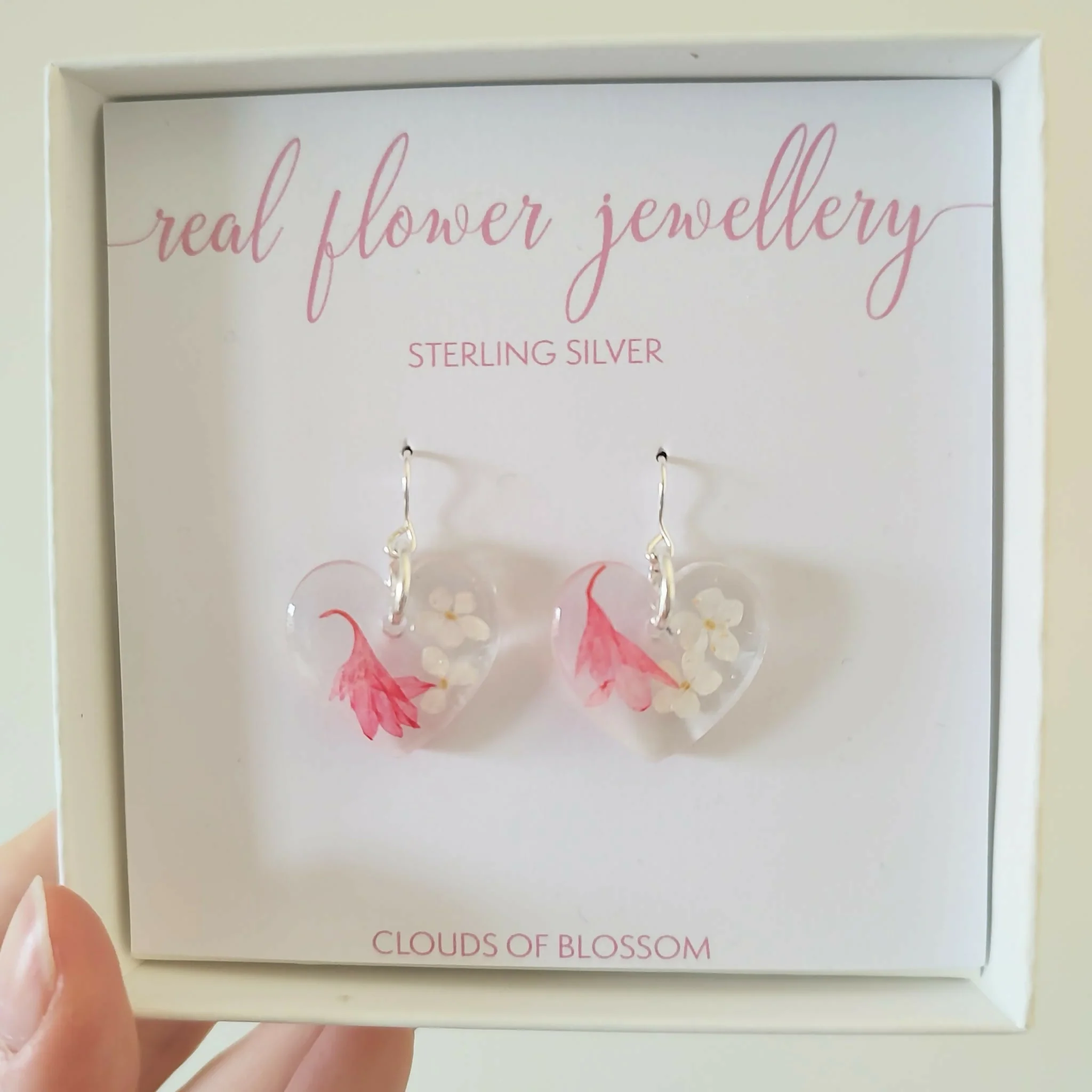 Pink Corn Flower 3D Heart Shaped Earrings Sterling Silver