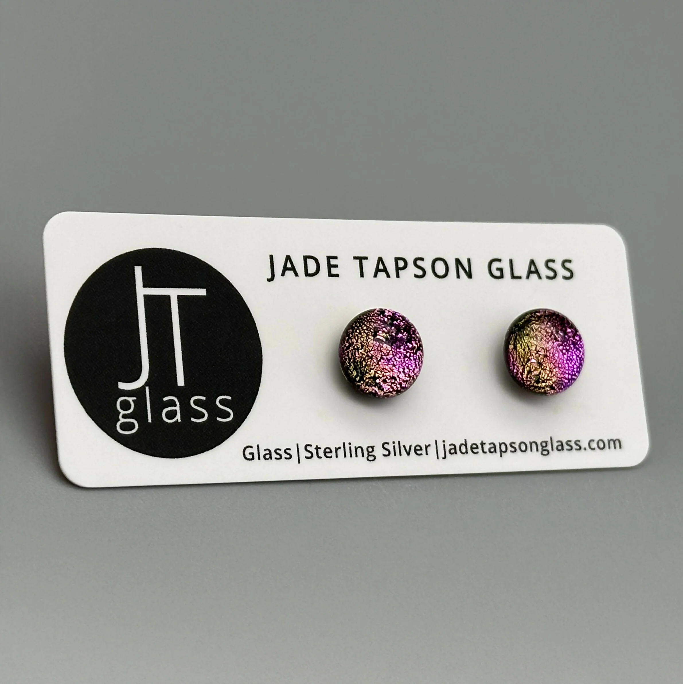 Pink Dichroic Fused Glass Sterling Silver Stud Earrings - Handmade by Jade Tapson Glass. - Image 3