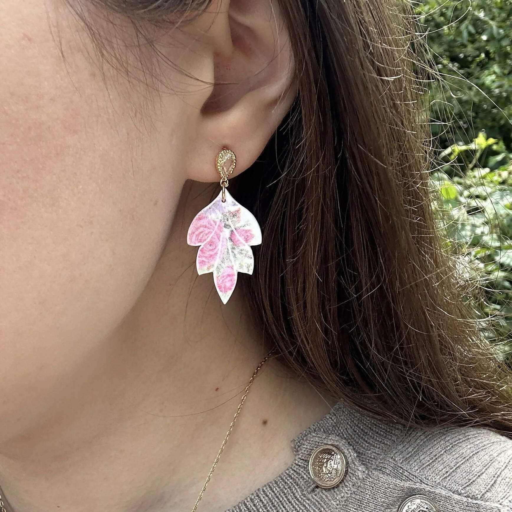 Pink Floral Polymer Clay Earrings - Image 2