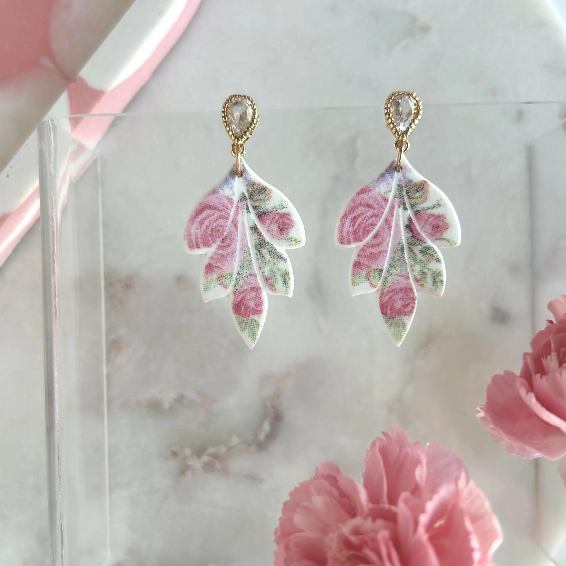 Pink Floral Polymer Clay Earrings - Image 4