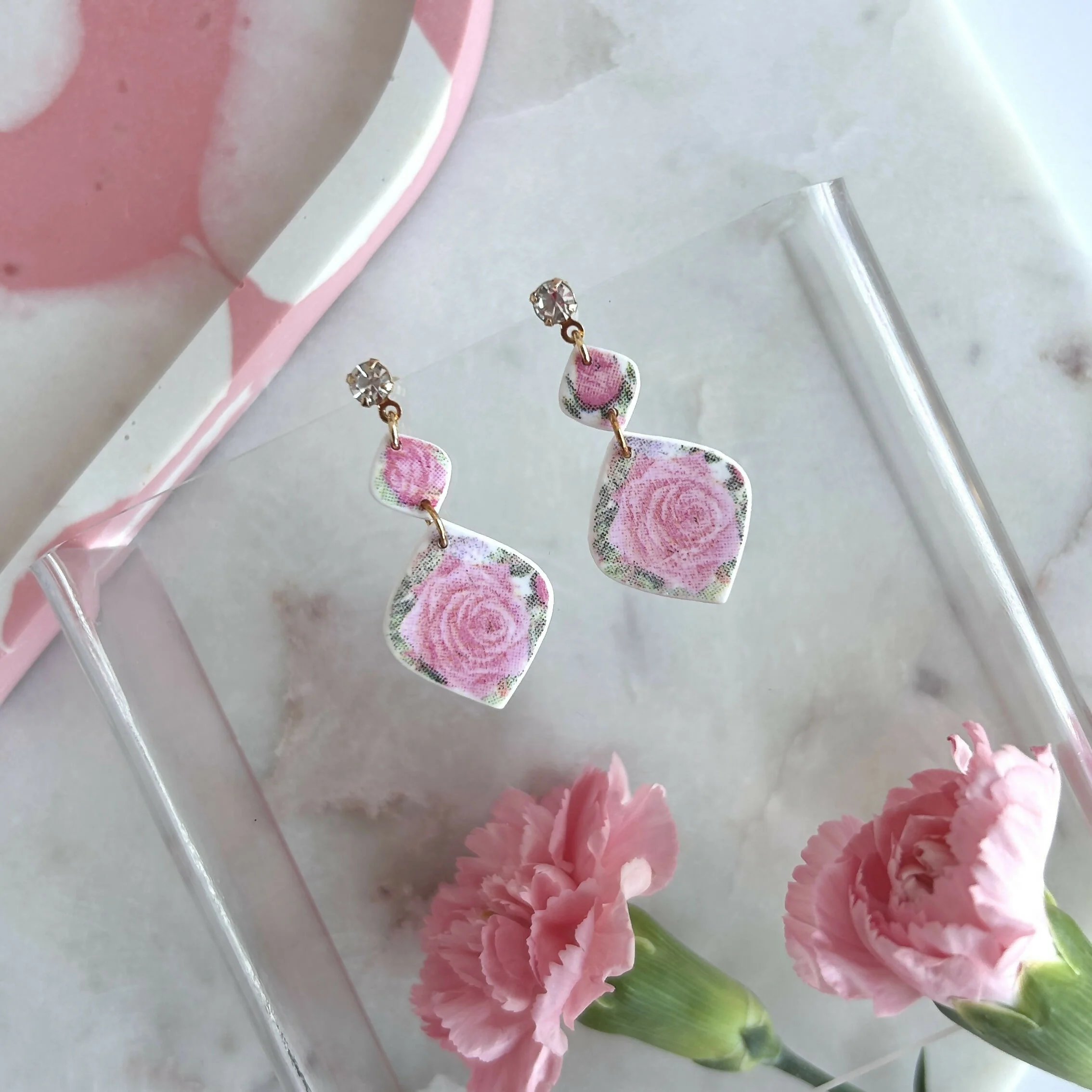 Pink Floral Polymer Clay Earrings