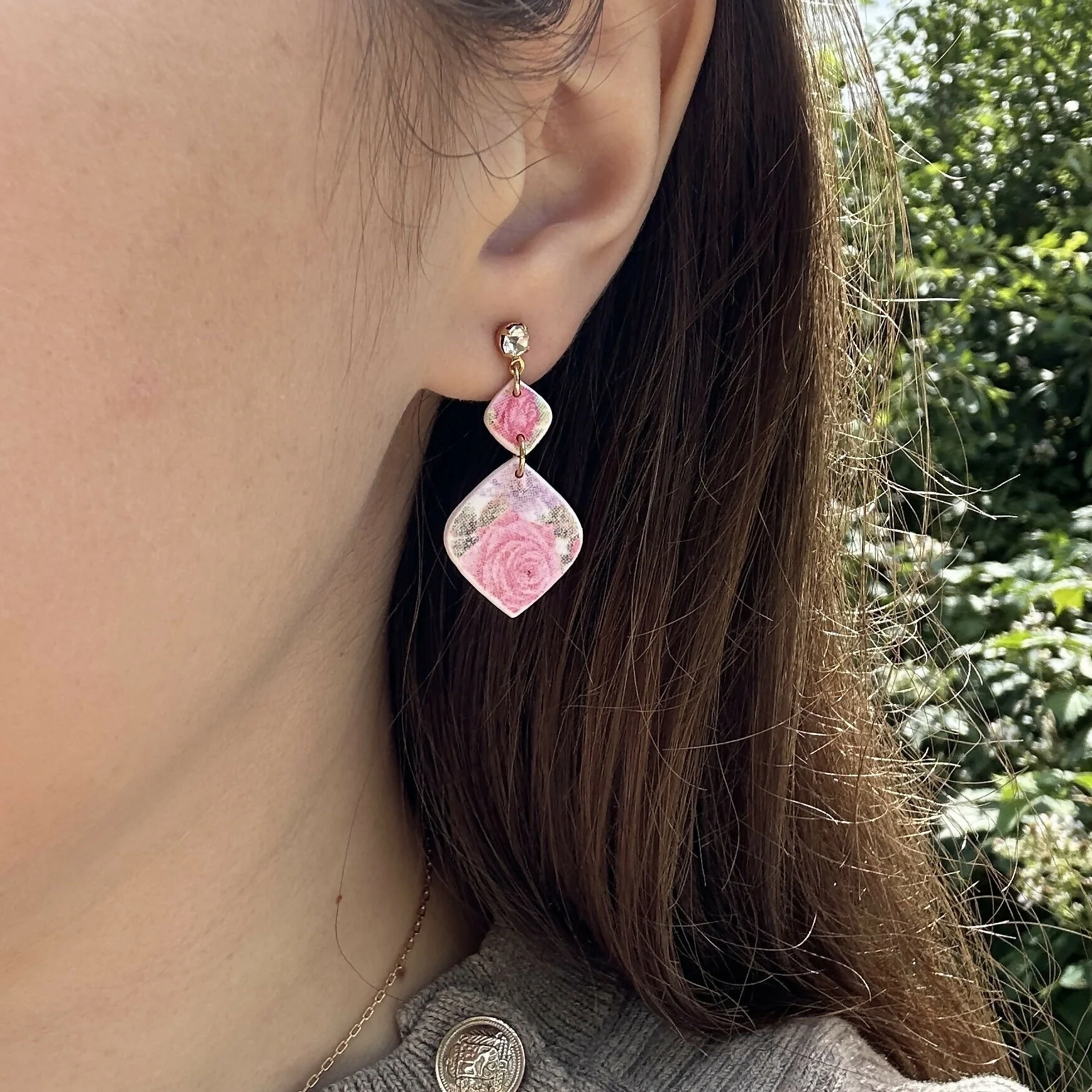 Pink Floral Polymer Clay Earrings - Image 2