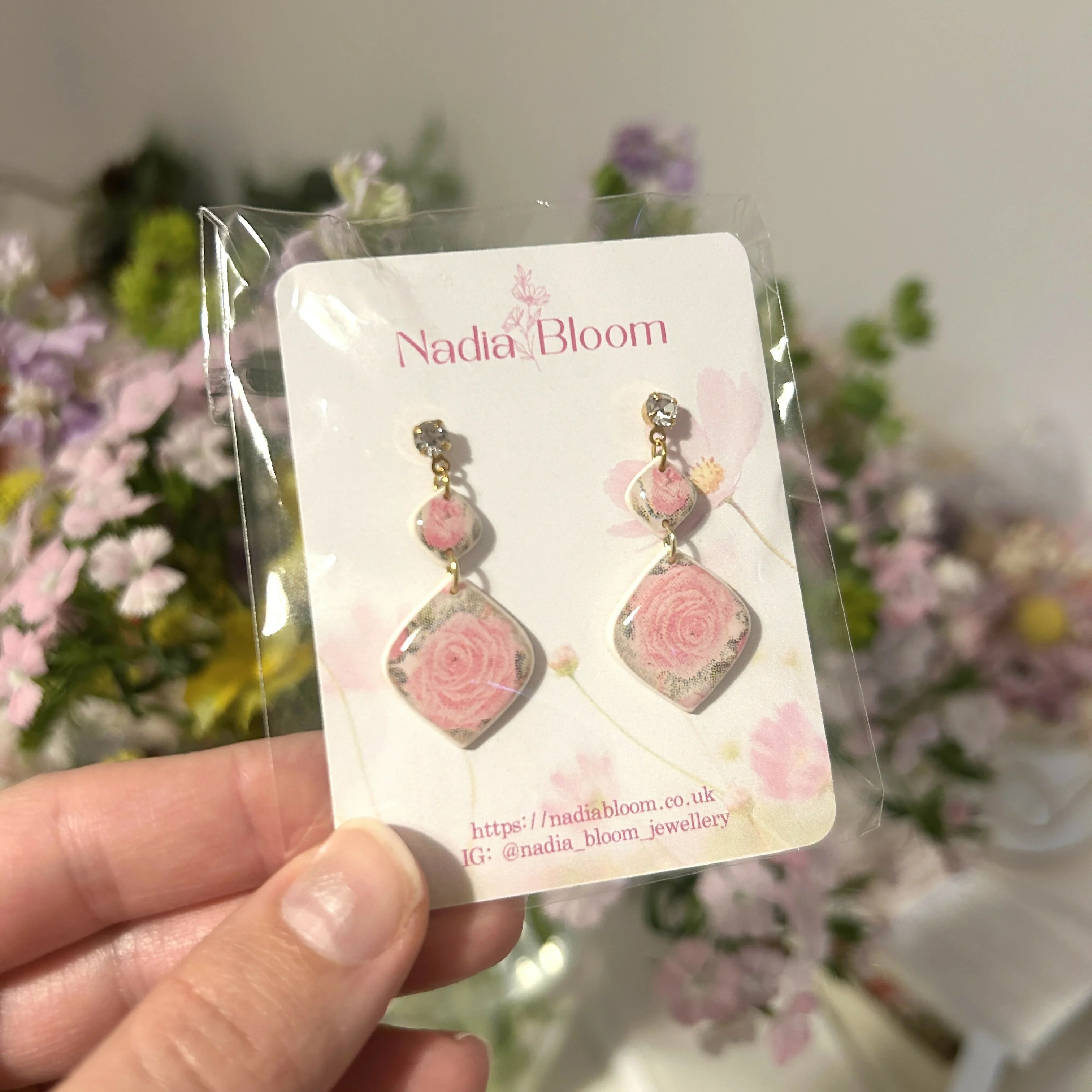 Pink Floral Polymer Clay Earrings - Image 3