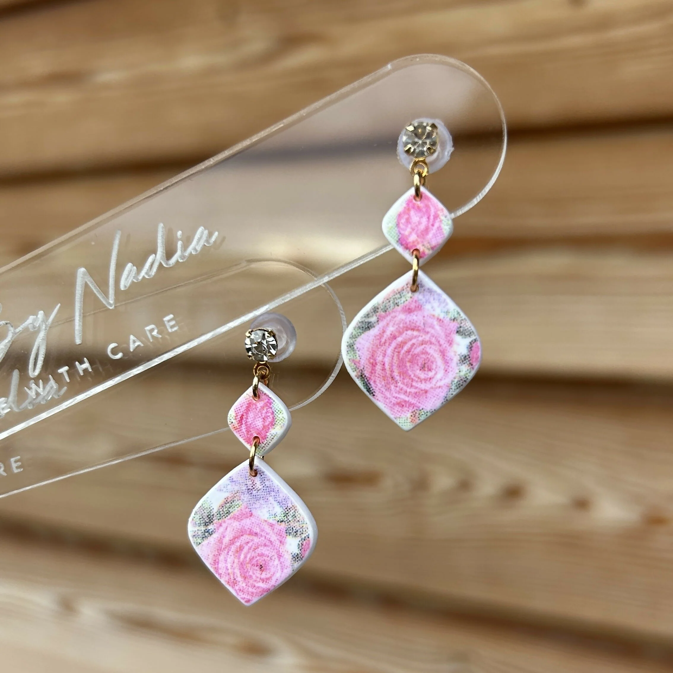 Pink Floral Polymer Clay Earrings - Image 4