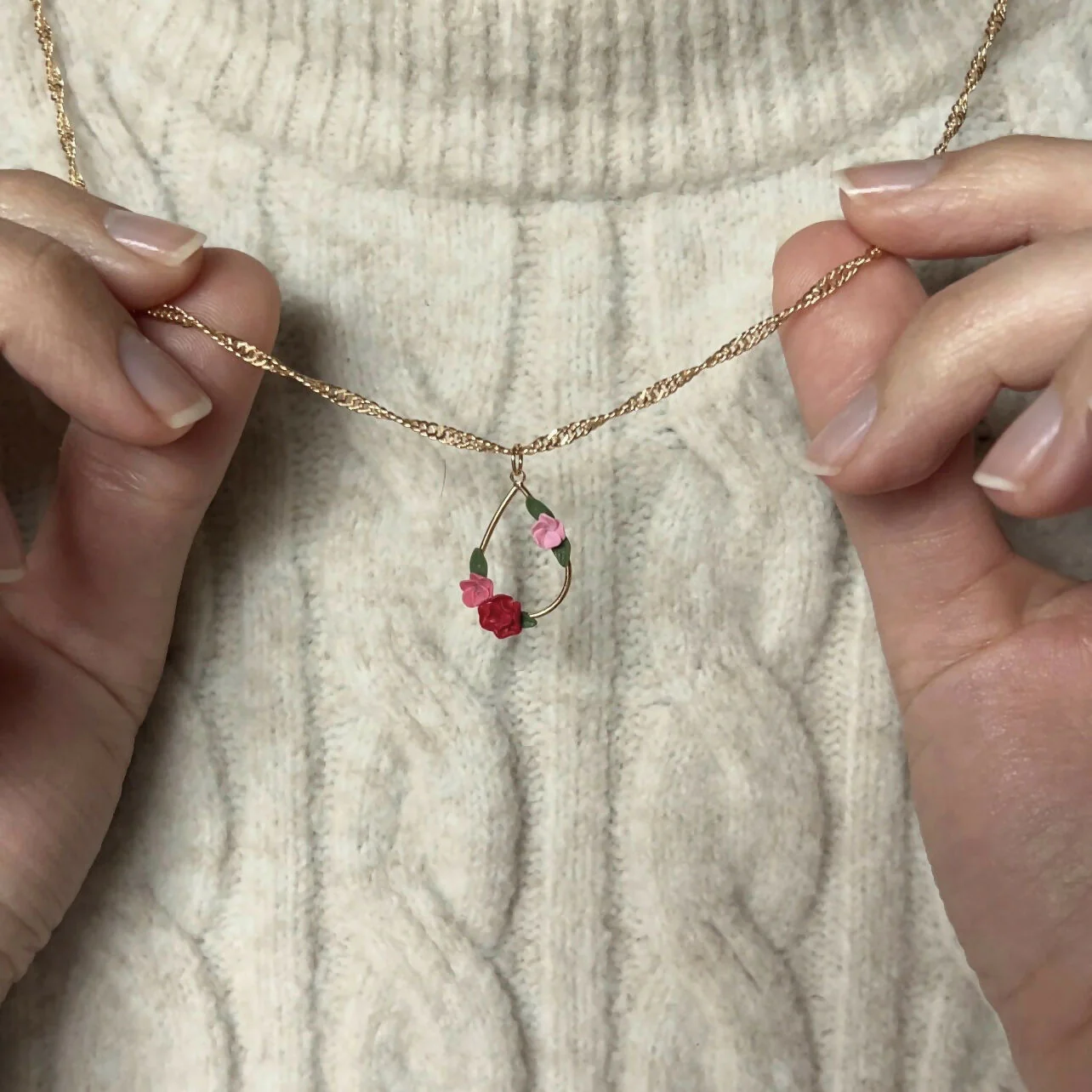 Pink Flower Teardrop Necklace - Image 2