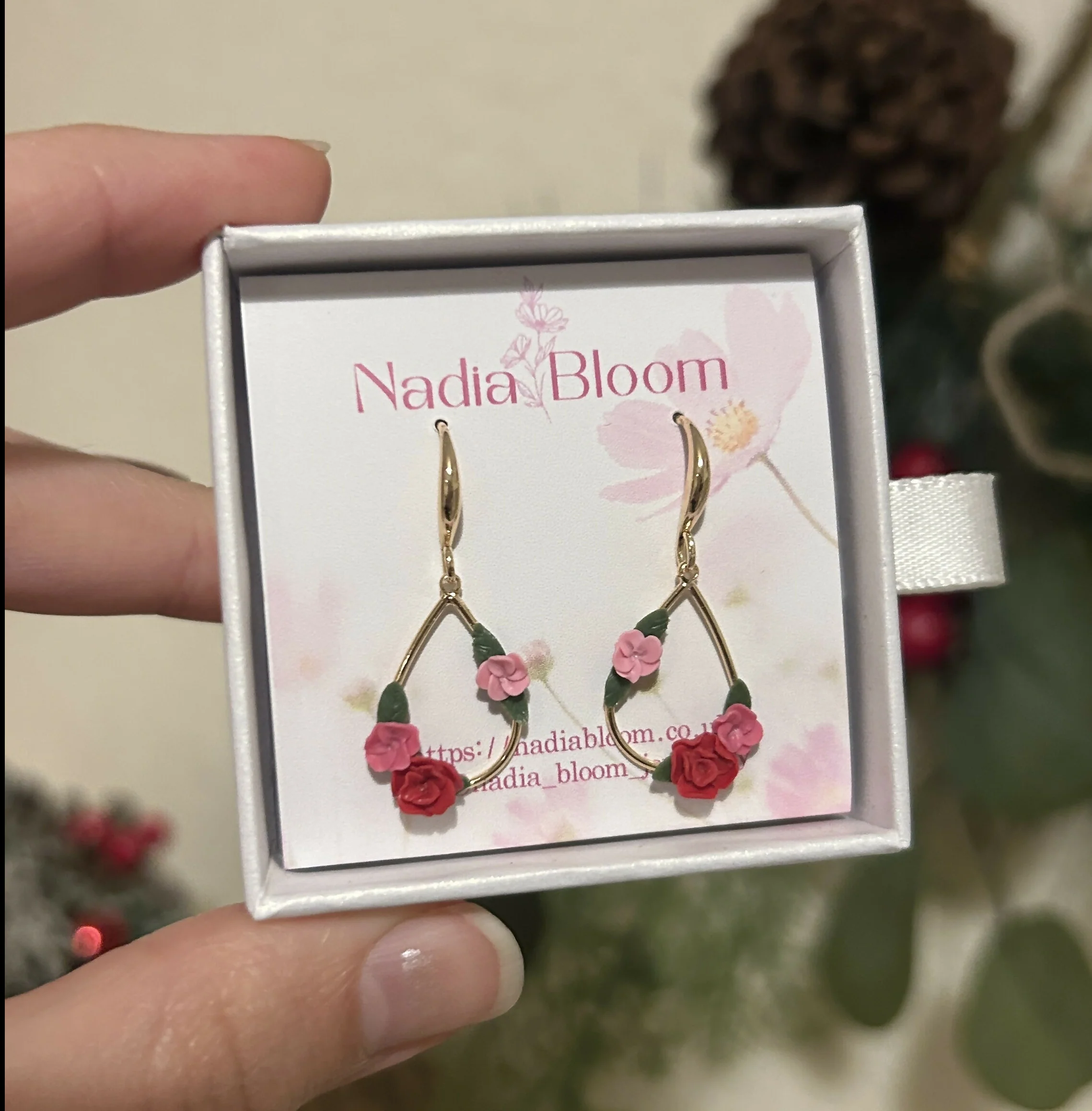 Pink Flowers Small Teardrop Earrings