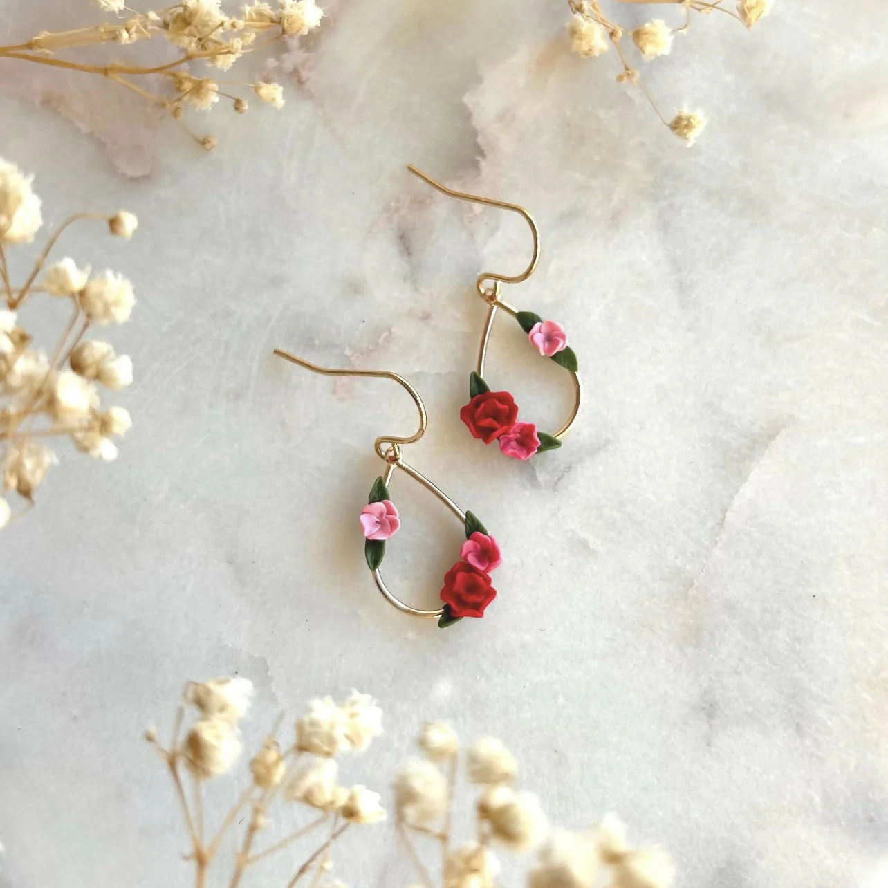 Pink Flowers Small Teardrop Earrings - Image 2