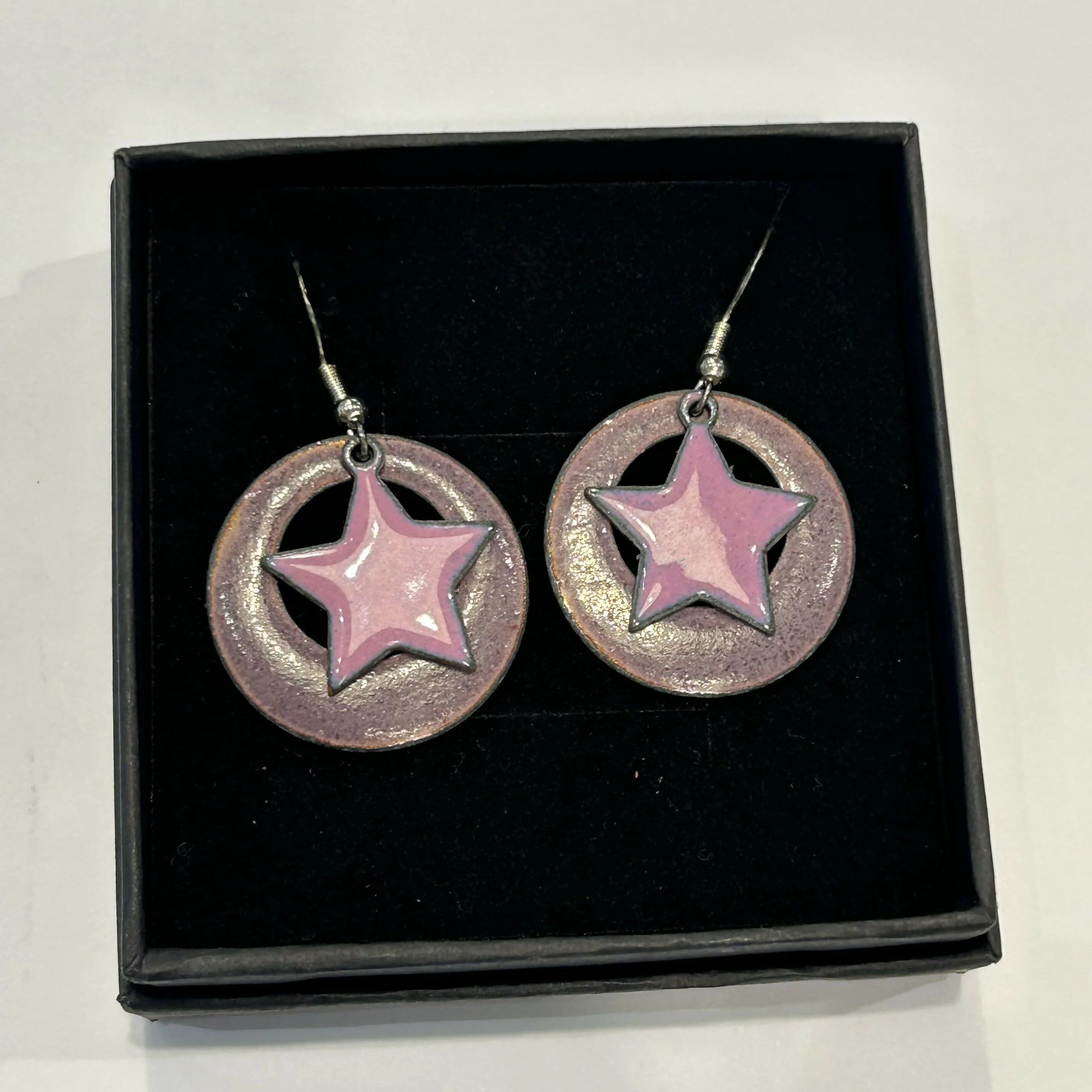 Pink Hoop Enamel Earrings with Pink Star
