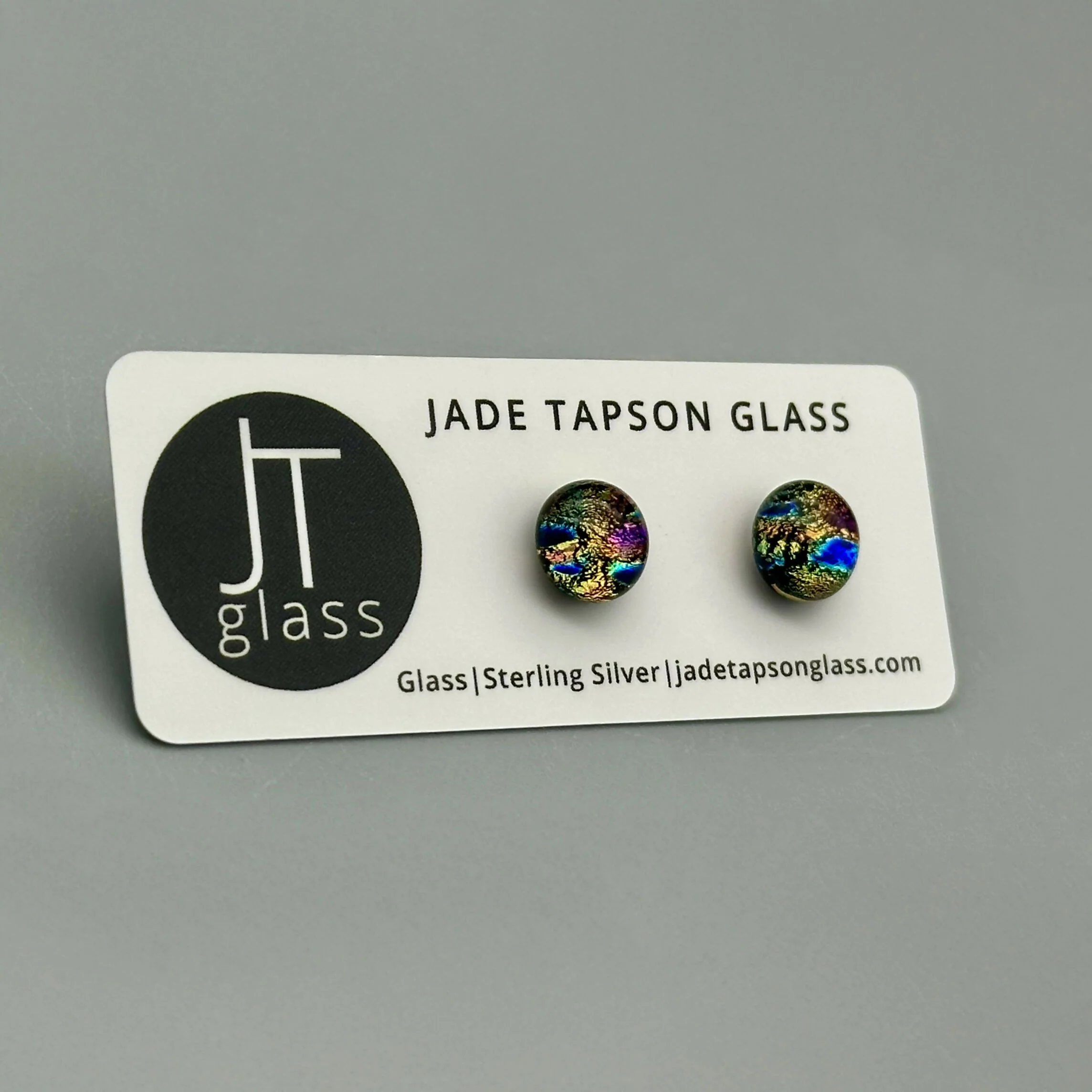 Pink & Orange Raindrop Dichroic Fused Glass Sterling Silver Stud Earrings - Handmade by Jade Tapson Glass. - Image 3