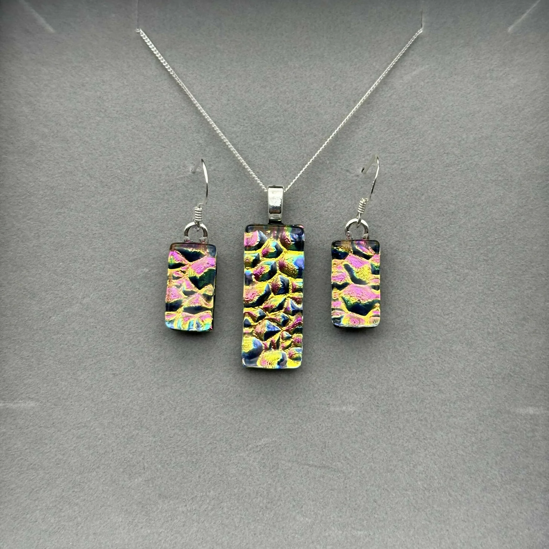 Pink & Orange Raindrop Dichroic Glass Necklace and Earrings Set - Sterling Silver, Handmade by Jade Tapson Glass - Image 3