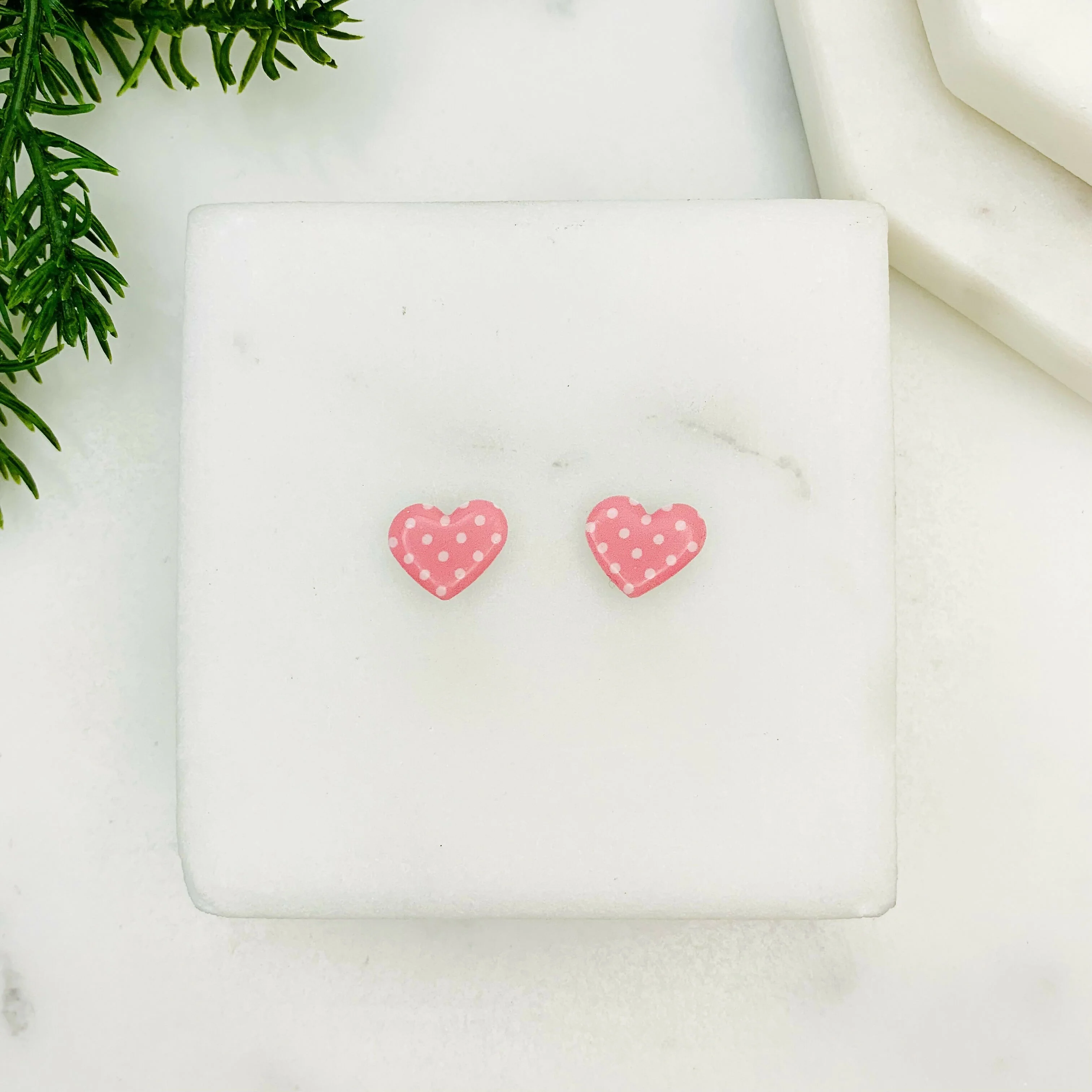 Pink Polka Dot Heart Stud Earrings - Image 2