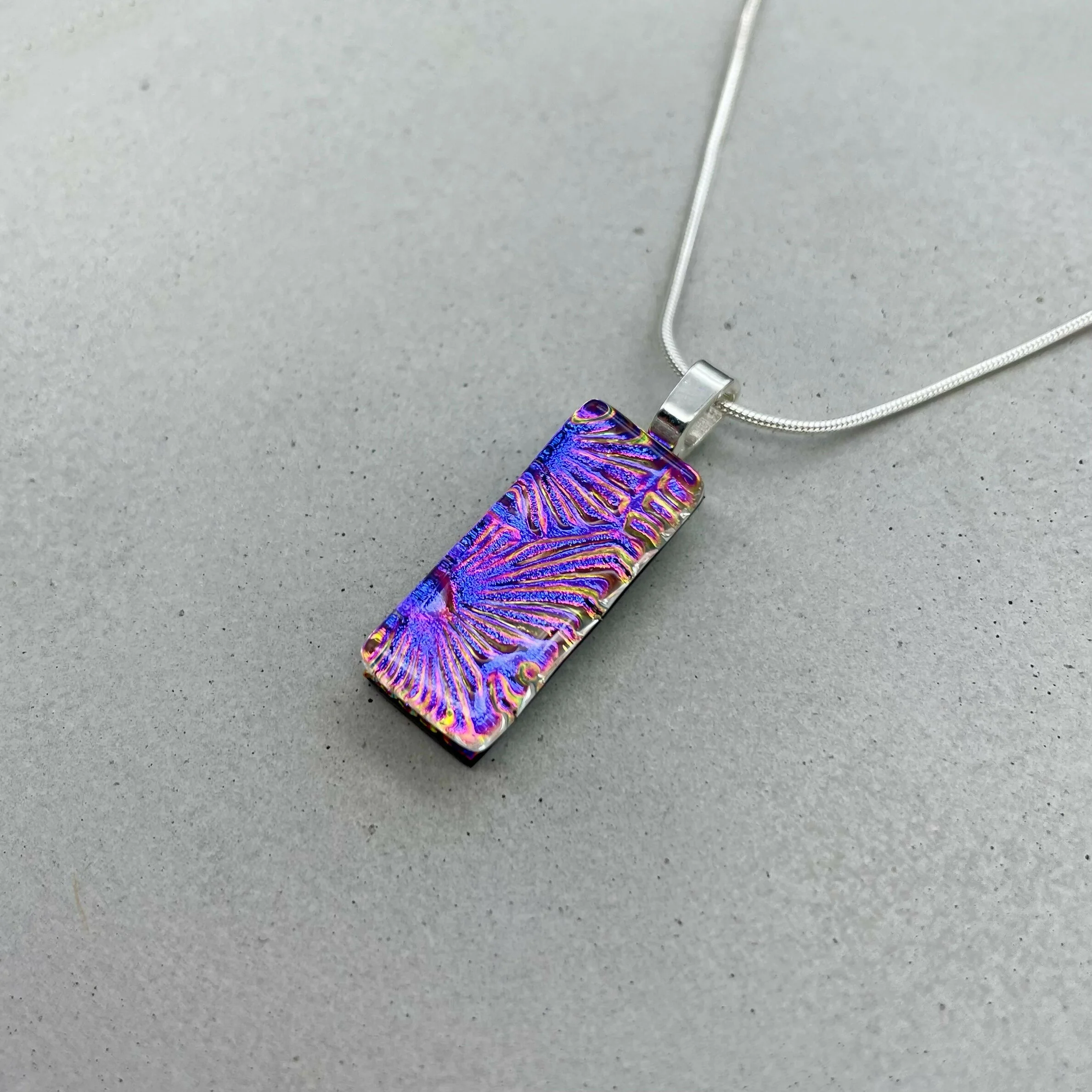 Pink & Purple Flower Dichroic Fused Glass Pendant with Silver Plated Chain - Handmade by Jade Tapson Glass.