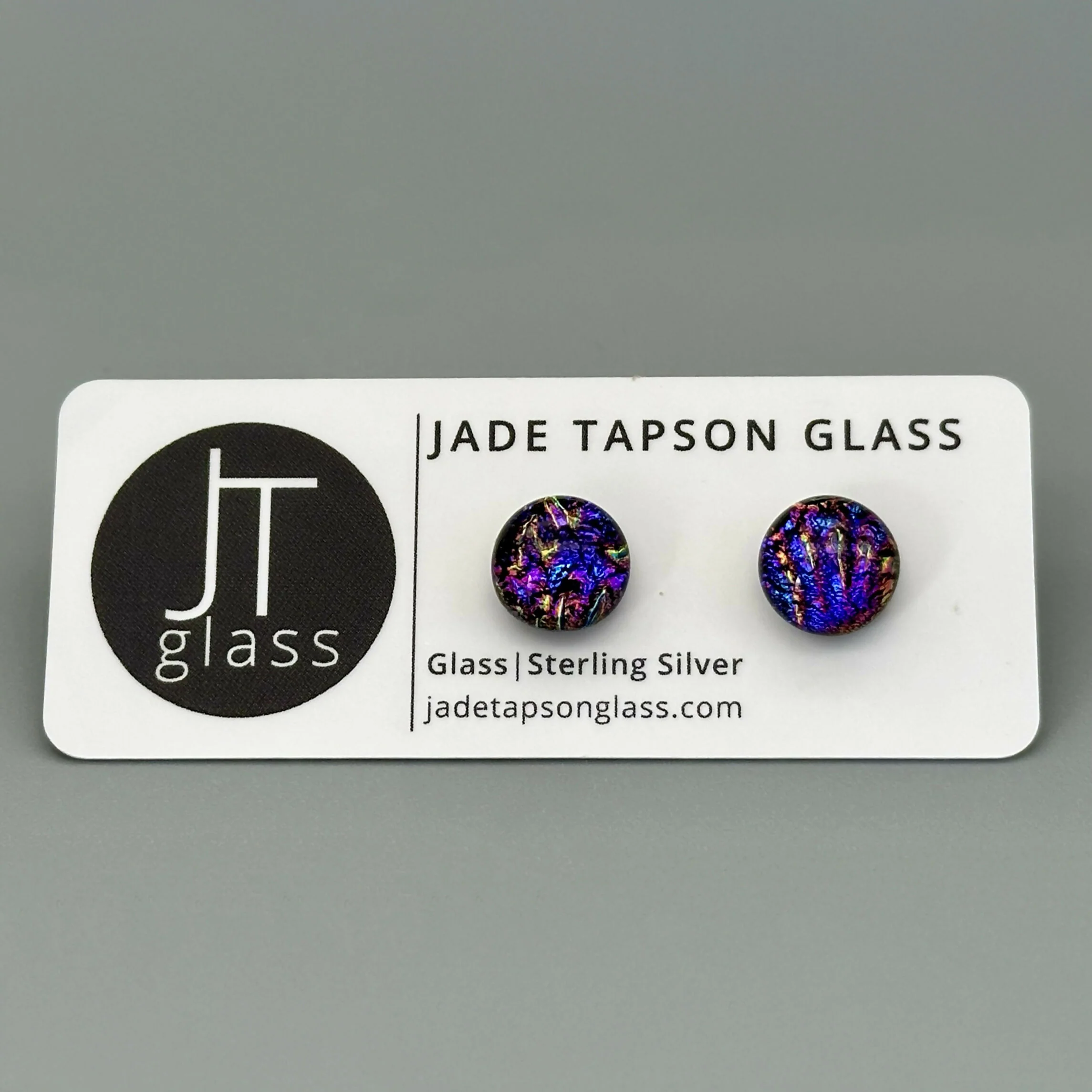 Pink & Purple Flower Dichroic Fused Glass Sterling Silver Stud Earrings - Handmade by Jade Tapson Glass.