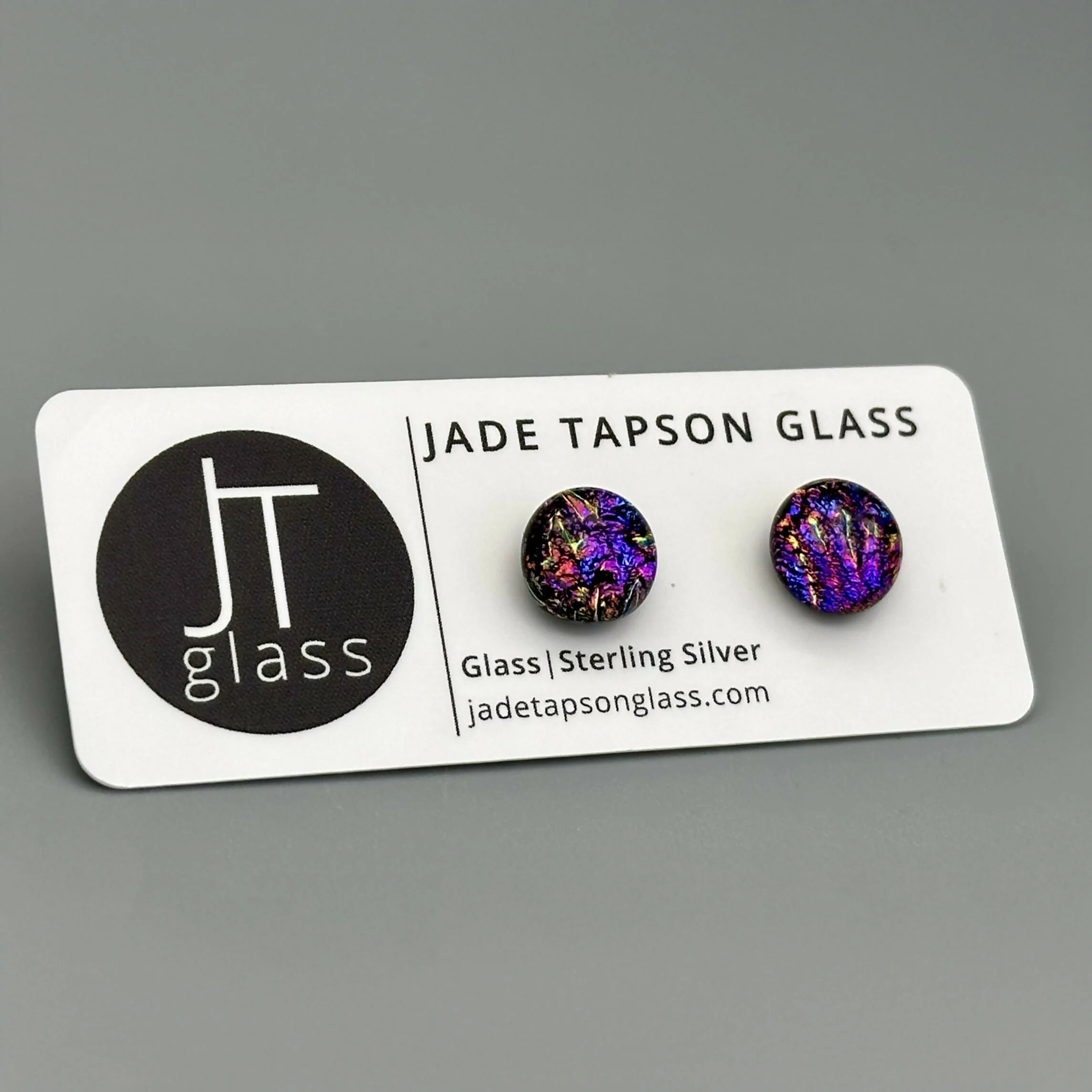 Pink & Purple Flower Dichroic Fused Glass Sterling Silver Stud Earrings - Handmade by Jade Tapson Glass. - Image 3